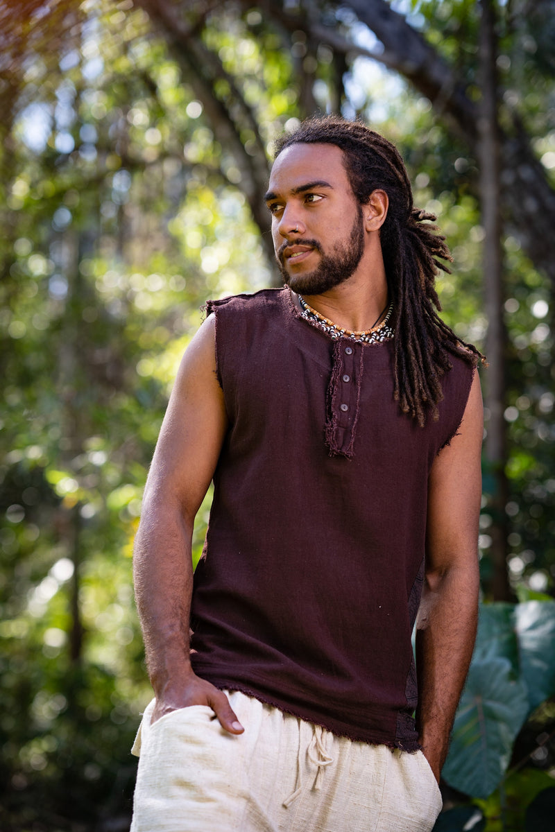 Neo SHIPIBO Brown Mens Gypsy Sleeveless Earthy Top T Shirt, Open Neck Tank Tribal Jungle Primitive Festival Rave AJJAYA Nomadic Primitive