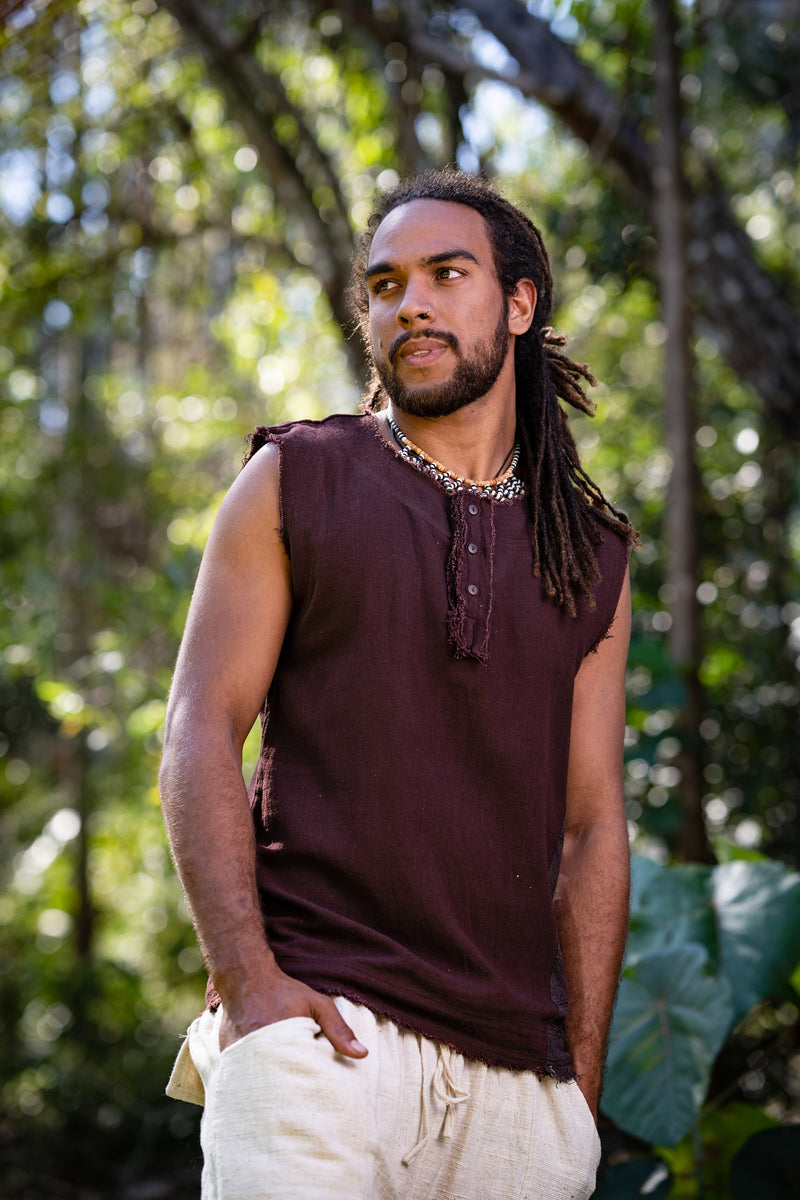 Neo SHIPIBO Brown Mens Gypsy Sleeveless Earthy Top T Shirt, Open Neck Tank Tribal Jungle Primitive Festival Rave AJJAYA Nomadic Primitive