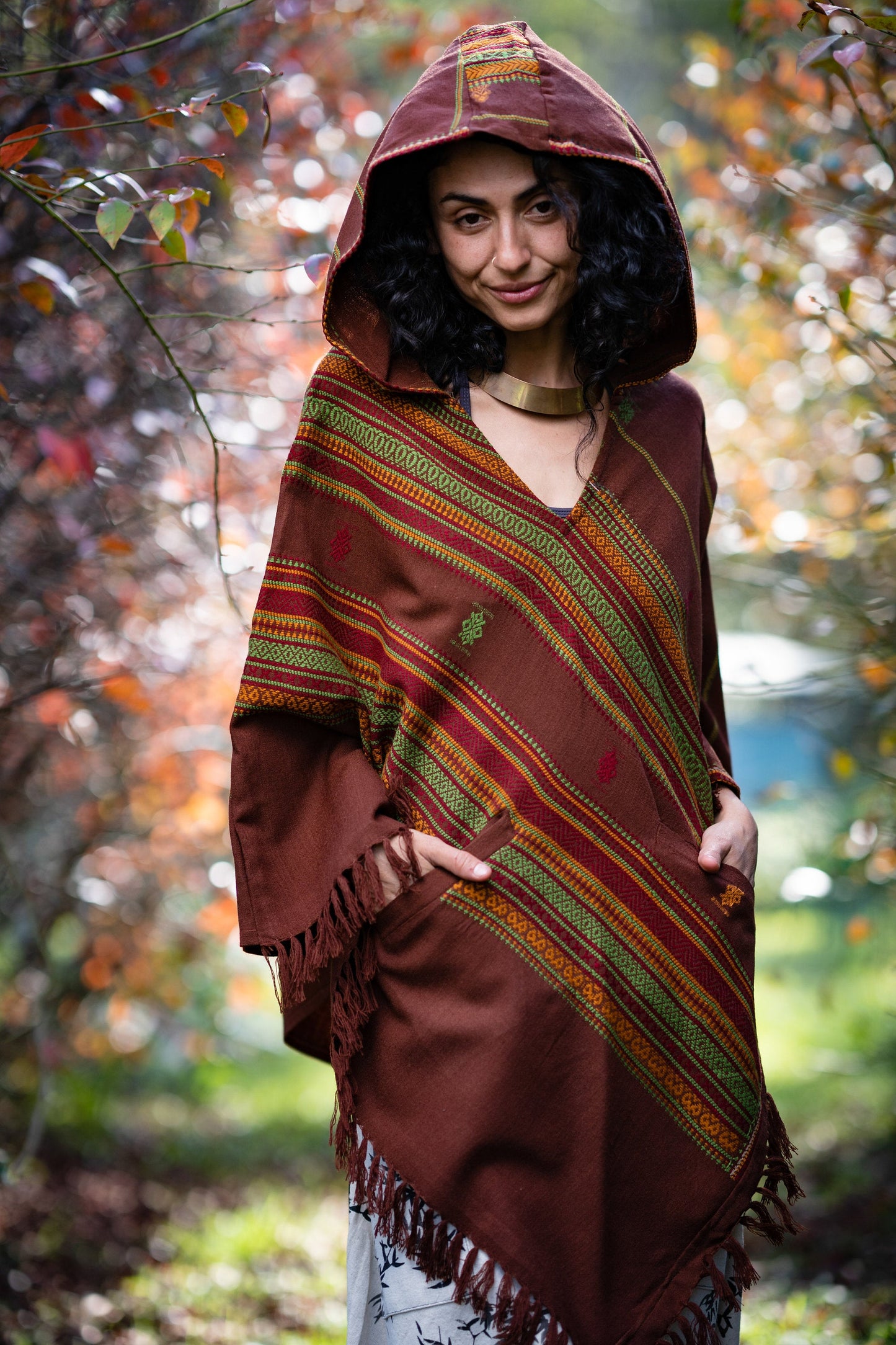 Womens Hooded Poncho Brown Cashmere Wool Hood, Earthy Tribal Embroidery Festival Gypsy AJJAYA Rave Primitive Nomadic Mexican with pockets
