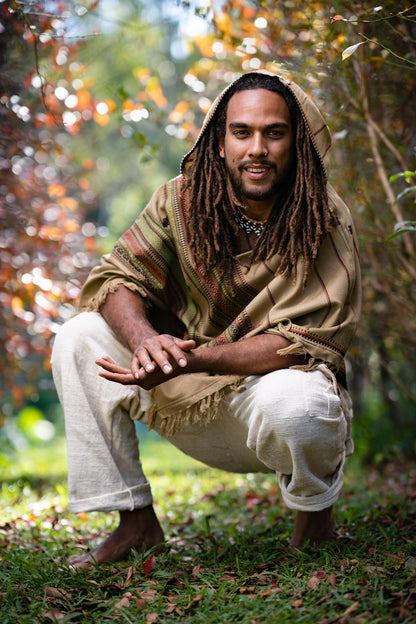 Men's Wool Hooded Poncho Desert Sand Brown l with Hood pockets, Earthy Tribal Celtic Festival Gypsy AJJAYA Mexican Primitive Nomadic