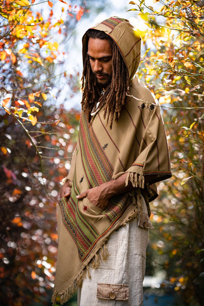 Men's Wool Hooded Poncho Desert Sand Brown l with Hood pockets, Earthy Tribal Celtic Festival Gypsy AJJAYA Mexican Primitive Nomadic