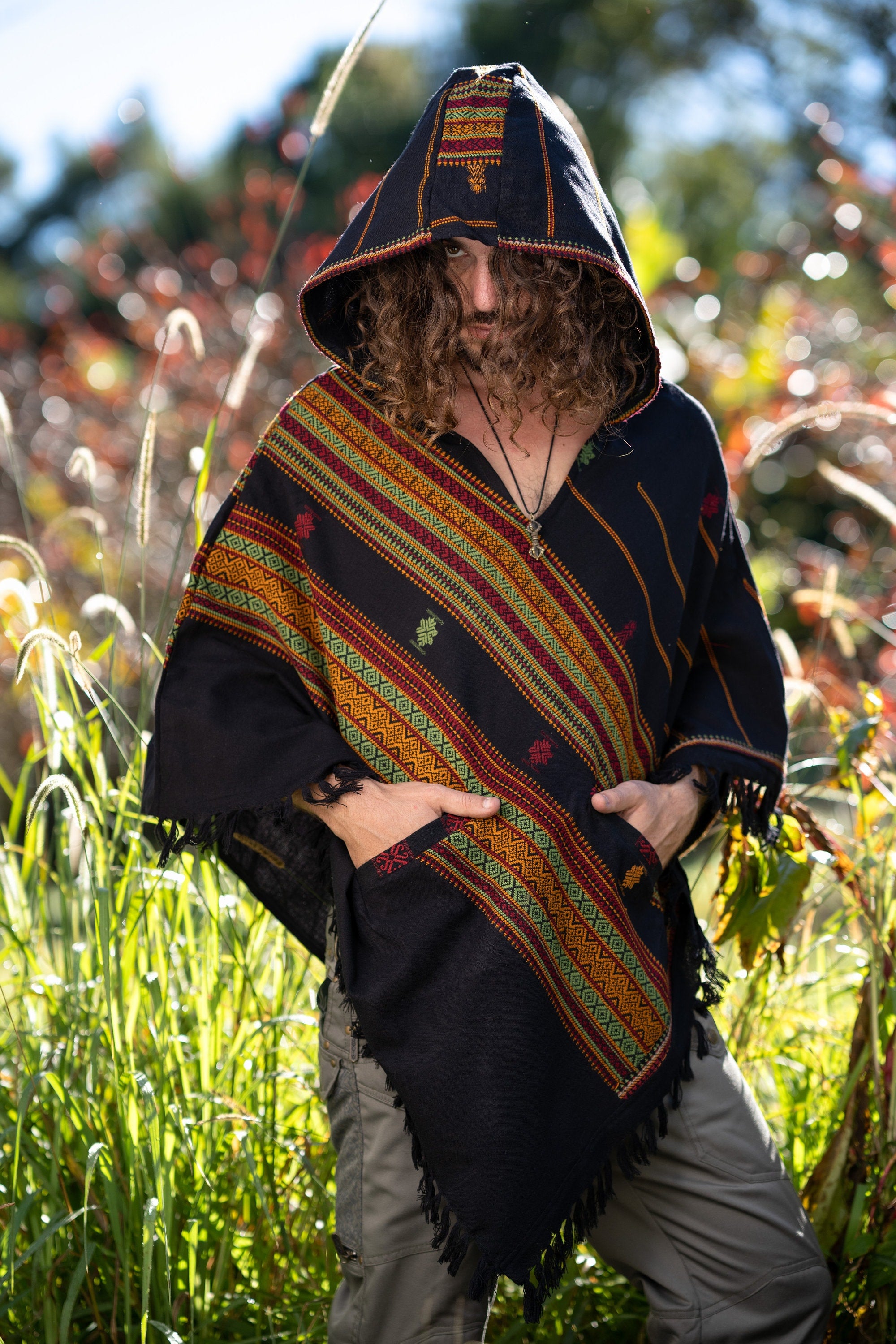 HODDI Unisex Hooded Black Poncho with Hood Cashmere and Acrylic Wool, Earthy Tribal Pattern Festival AJJAYA Boho Primitive Mexican pockets