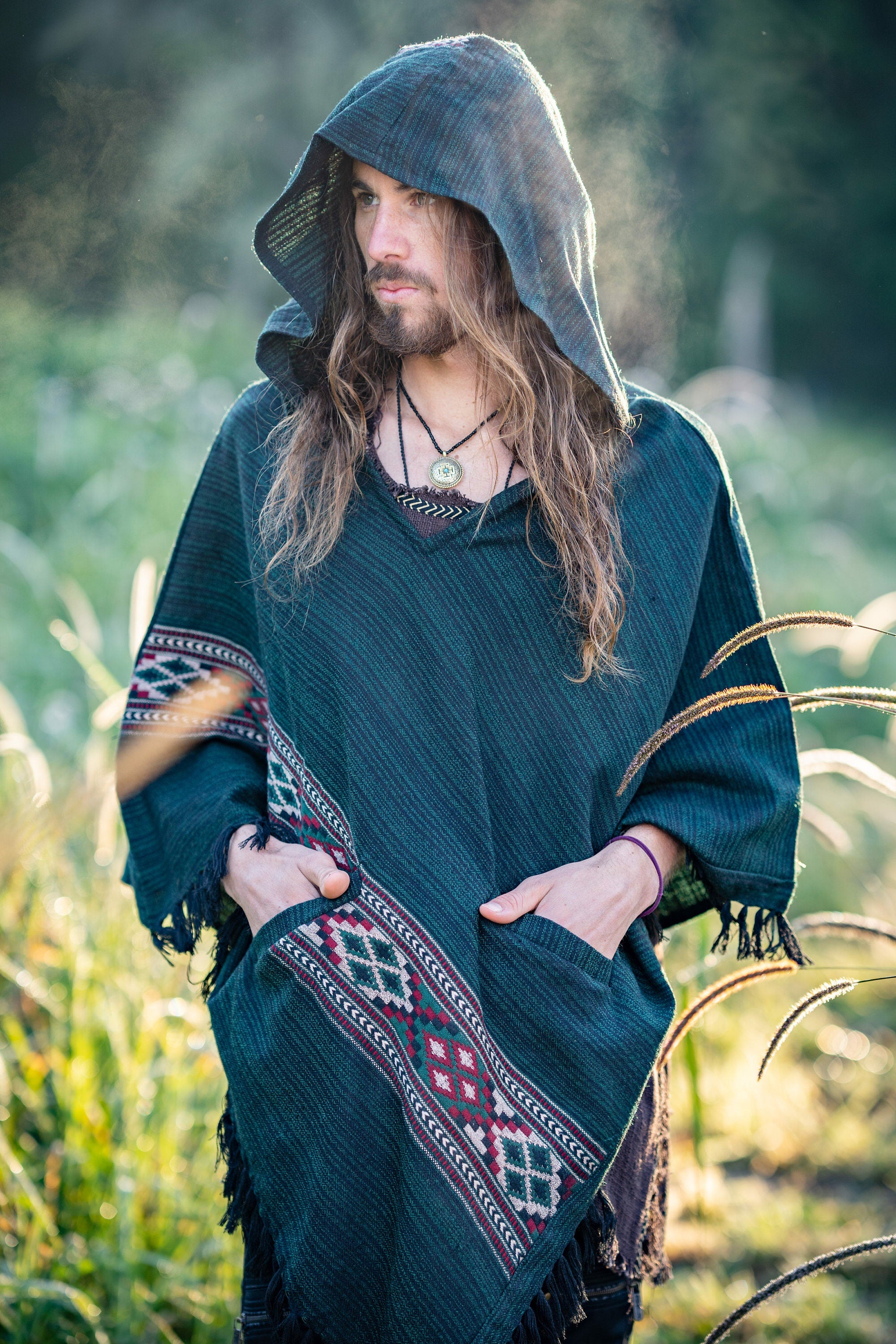 JHANA Mens Hooded Poncho Green Cashmere Yak Wool and Acrylic Wool Pockets Tribal Embroidery Celtic Festival Primitive Large Hood AJJAYA