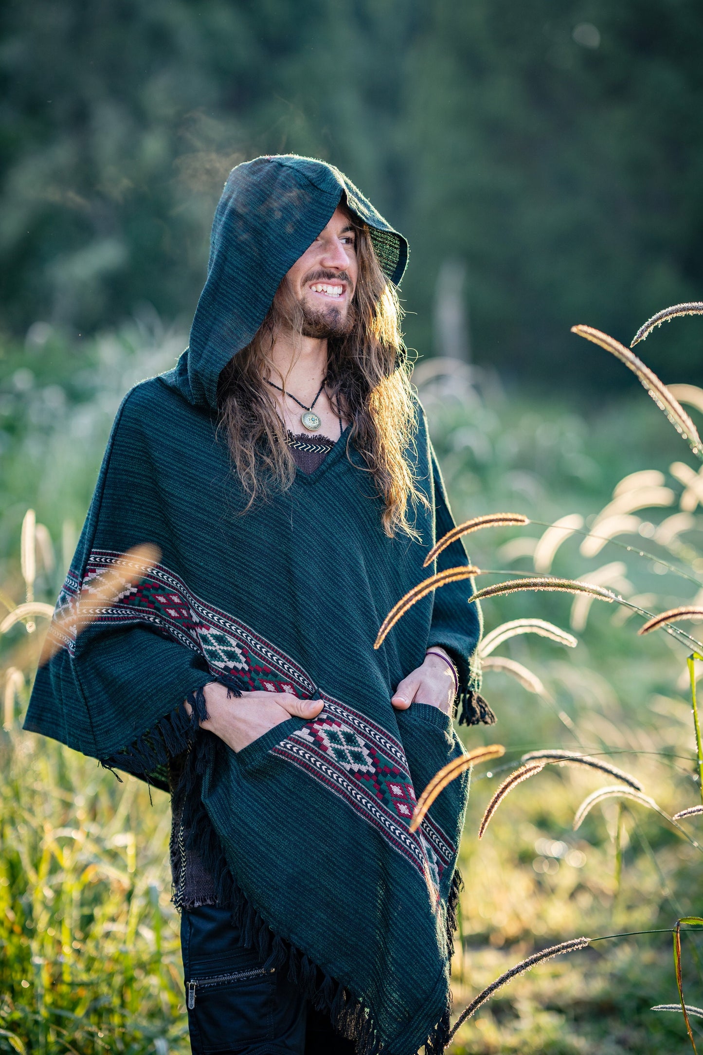 JHANA Mens Hooded Poncho Green Cashmere Yak Wool and Acrylic Wool Pockets Tribal Embroidery Celtic Festival Primitive Large Hood AJJAYA