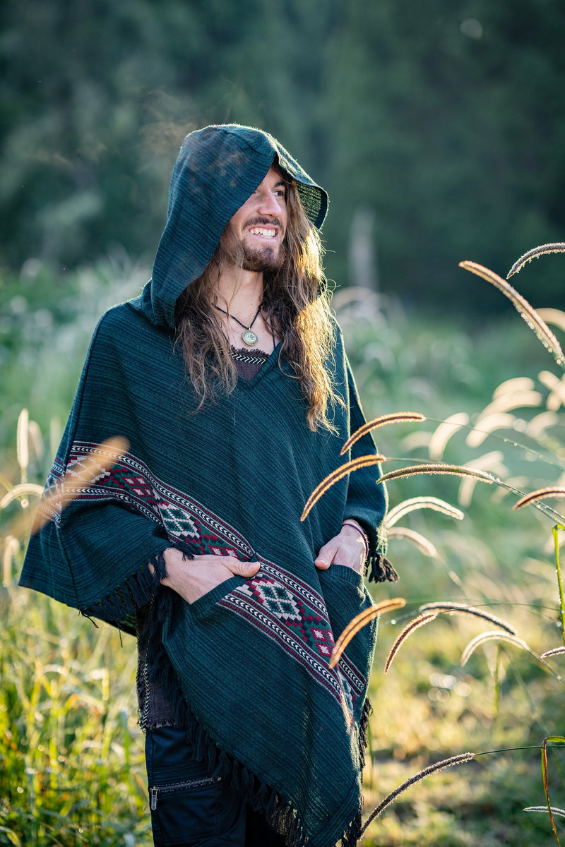 JHANA Mens Hooded Poncho Green Cashmere Yak Wool and Acrylic Wool Pockets Tribal Embroidery Celtic Festival Primitive Large Hood AJJAYA