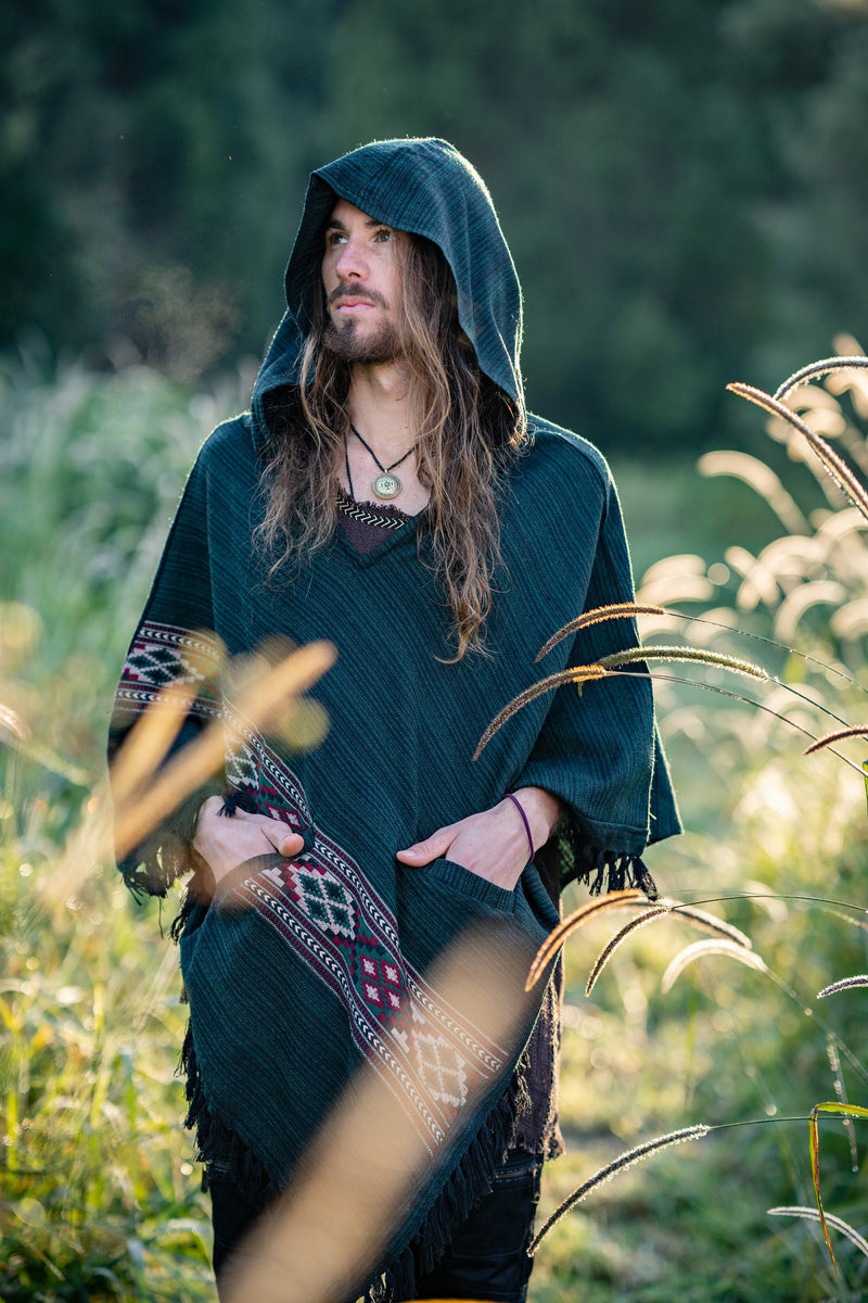 JHANA Mens Hooded Poncho Green Cashmere Yak Wool and Acrylic Wool Pockets Tribal Embroidery Celtic Festival Primitive Large Hood AJJAYA