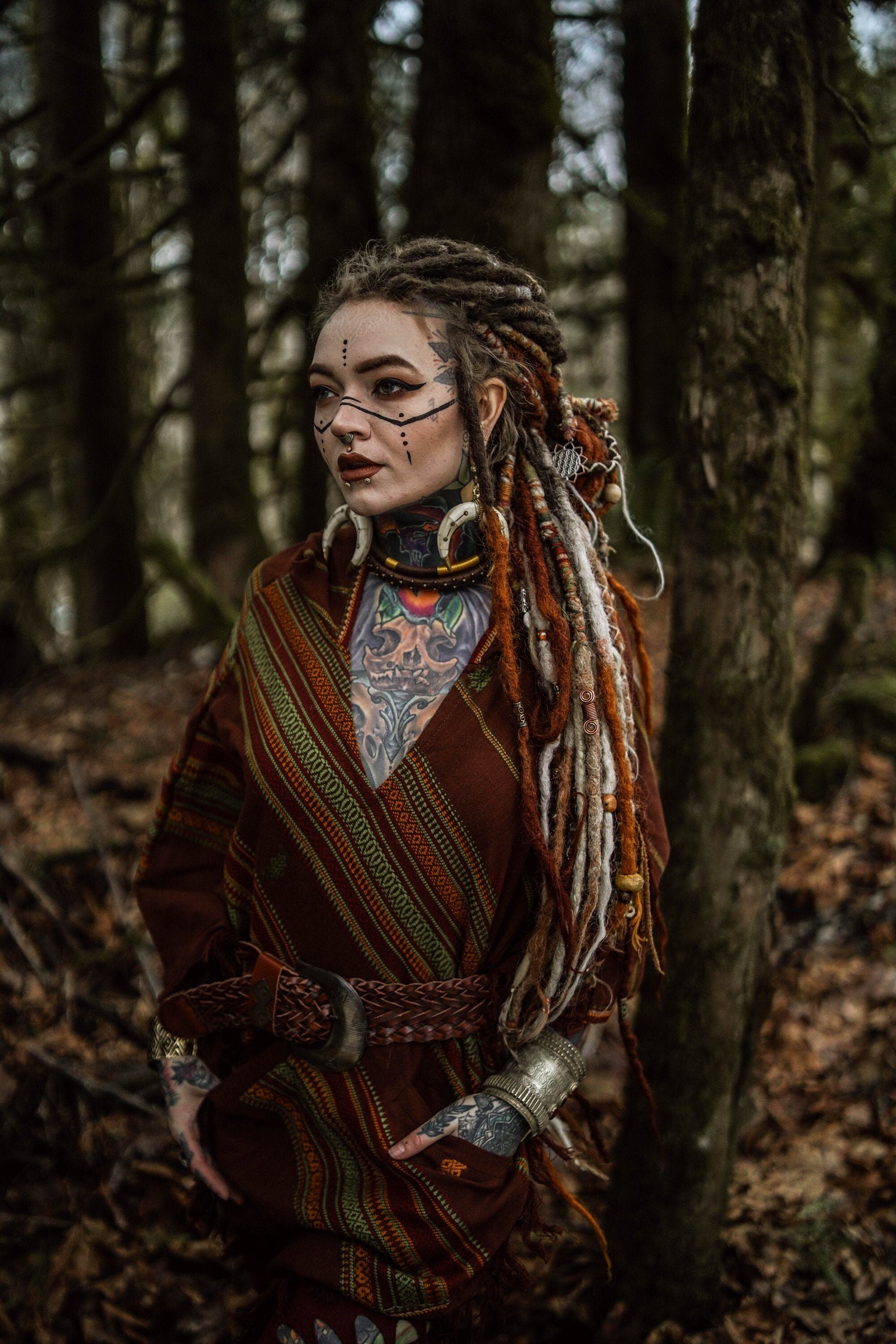 HODDI Hooded Poncho Brown Tribal Cashmere and Acrylic Wool Embroidery Pockets Gypsy Fairy Boho Festival Nomadic Primitive Hippie AJJAYA