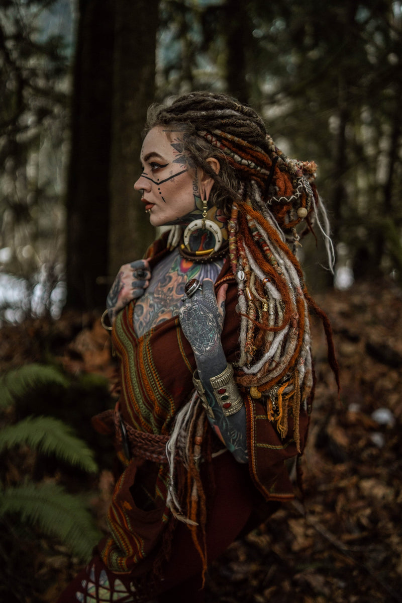 HODDI Hooded Poncho Brown Tribal Cashmere and Acrylic Wool Embroidery Pockets Gypsy Fairy Boho Festival Nomadic Primitive Hippie AJJAYA