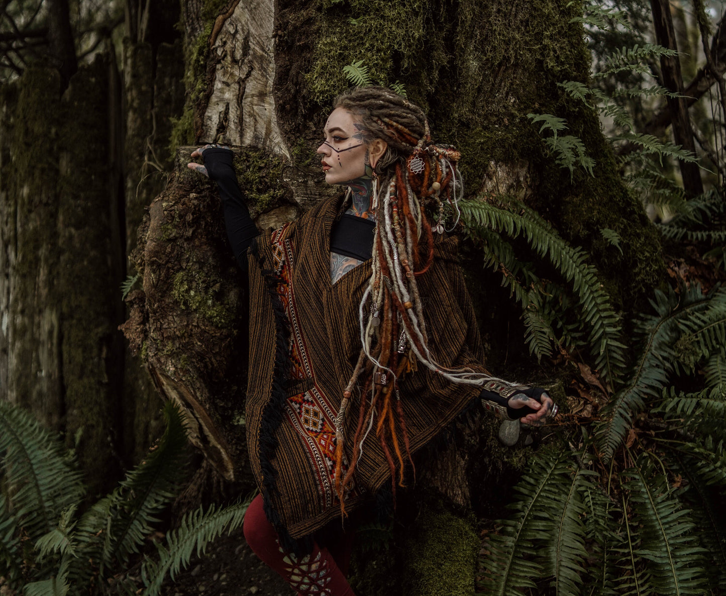 JHANA Hooded Wool Poncho Bronze Tribal Cashmere and Acrylic Wool Embroidery Pockets Boho Festival Alternative Shaman Primitive Hippie AJJAYA