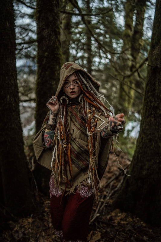 HODDI Hooded Wool Poncho Desert Sand Tribal Cashmere and Acrylic Wool Embroidery Pockets Fairy Boho Festival Nomadic Primitive Hippie AJJAYA