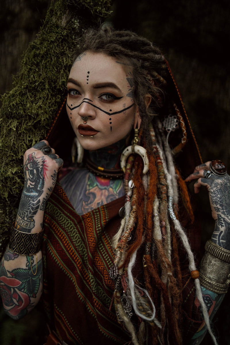 HODDI Hooded Poncho Brown Tribal Cashmere and Acrylic Wool Embroidery Pockets Gypsy Fairy Boho Festival Nomadic Primitive Hippie AJJAYA