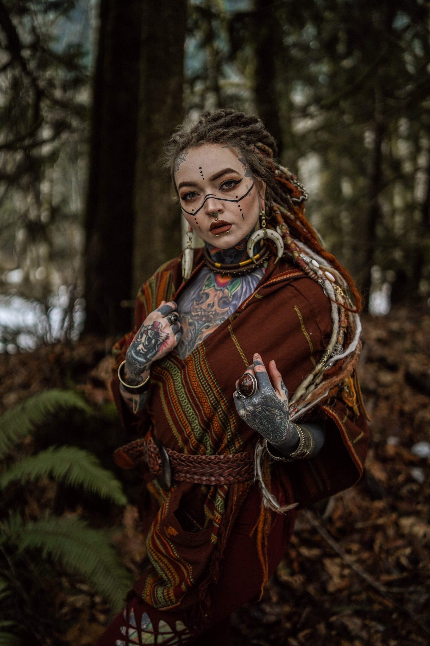 HODDI Hooded Poncho Brown Tribal Cashmere and Acrylic Wool Embroidery Pockets Gypsy Fairy Boho Festival Nomadic Primitive Hippie AJJAYA