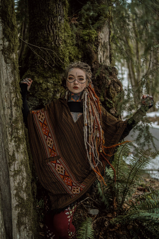 JHANA Hooded Wool Poncho Bronze Tribal Cashmere and Acrylic Wool Embroidery Pockets Boho Festival Alternative Shaman Primitive Hippie AJJAYA