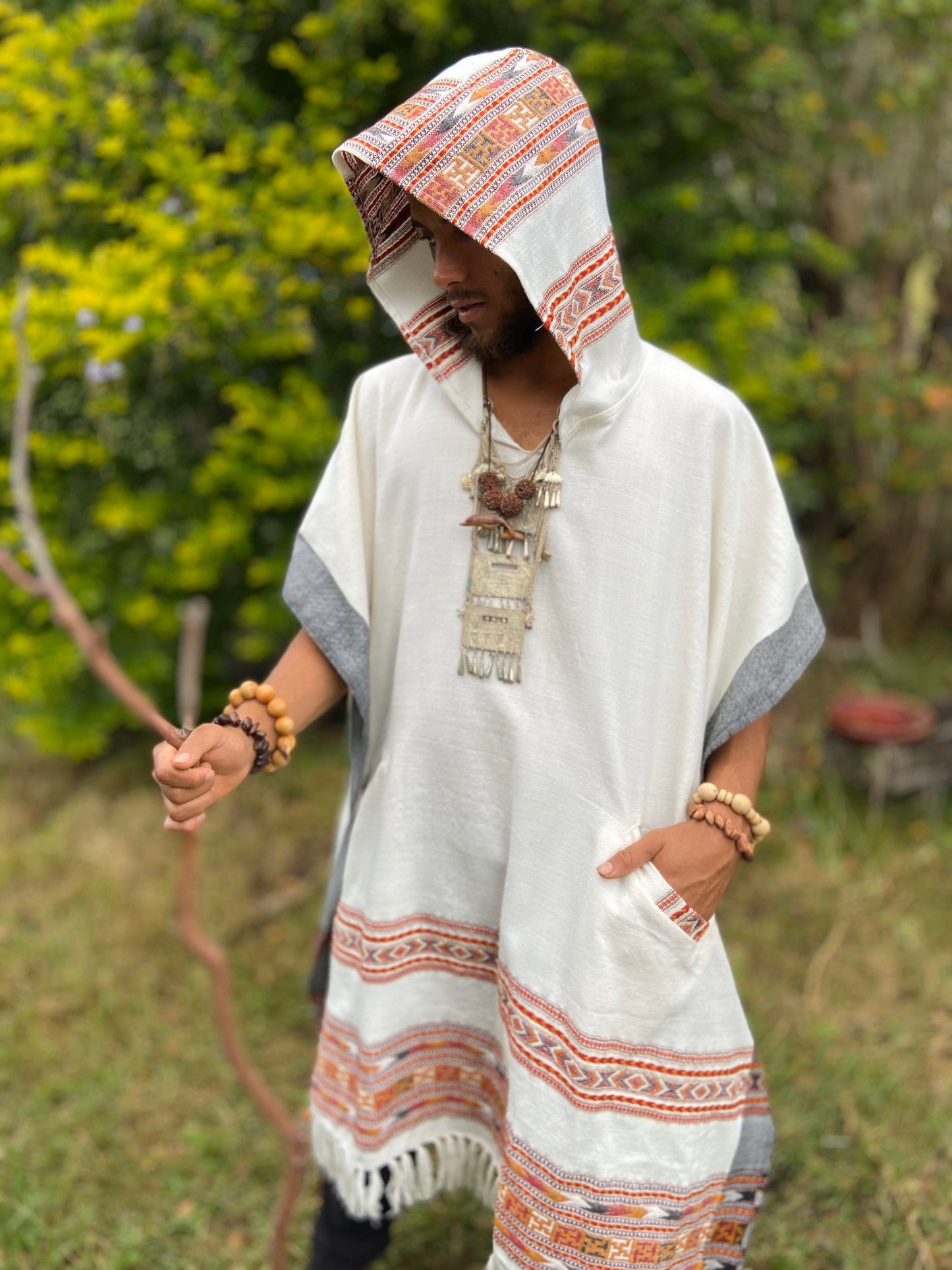 Mens Hooded Poncho Long Pure White Cashmere Wool with Tribal Embroidery, Large Hood, Pockets, Hippie, Primitive, Gypsy, Boho festival AJJAYA