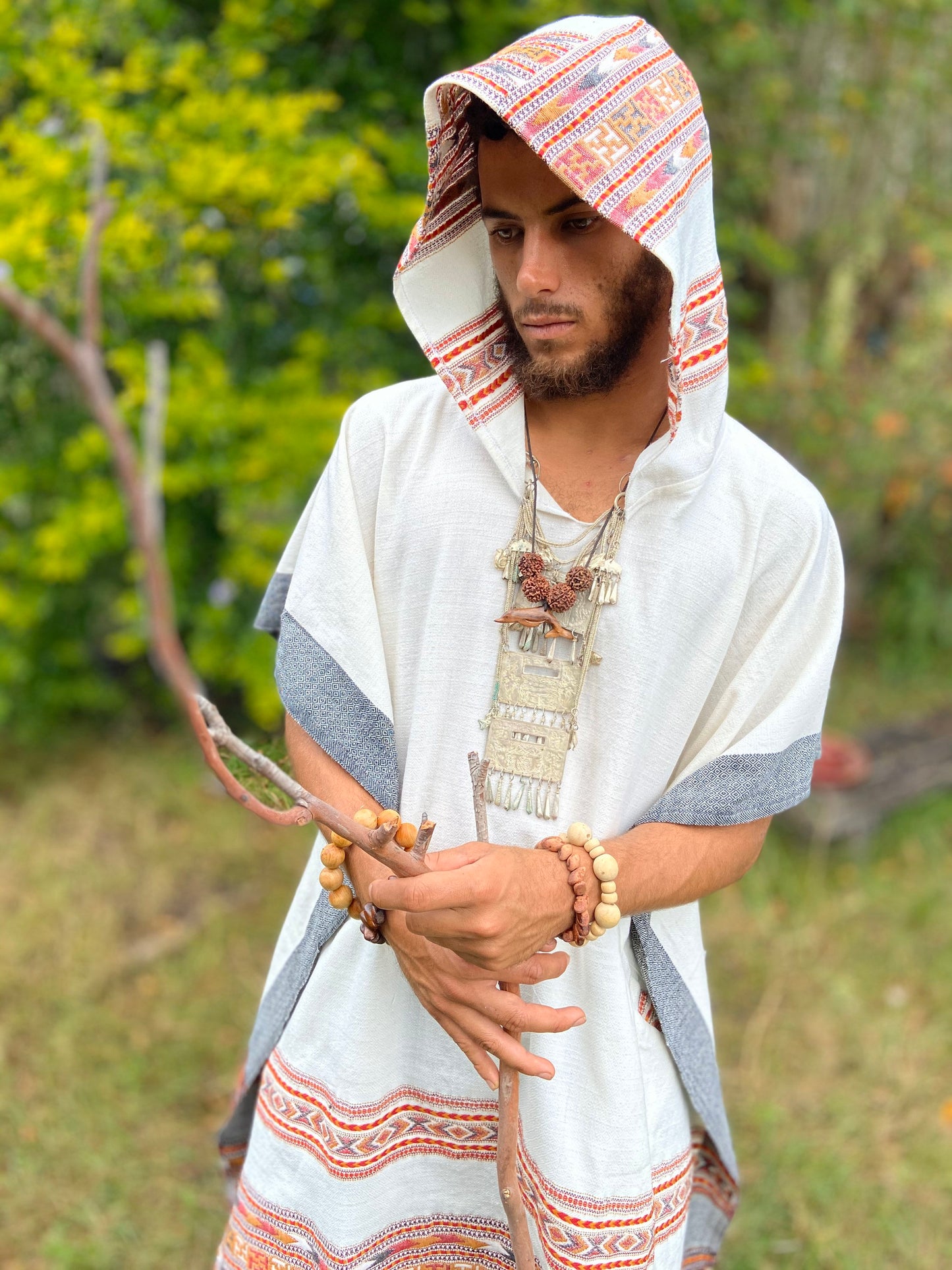 Mens Hooded Poncho Long Pure White Cashmere Wool with Tribal Embroidery, Large Hood, Pockets, Hippie, Primitive, Gypsy, Boho festival AJJAYA