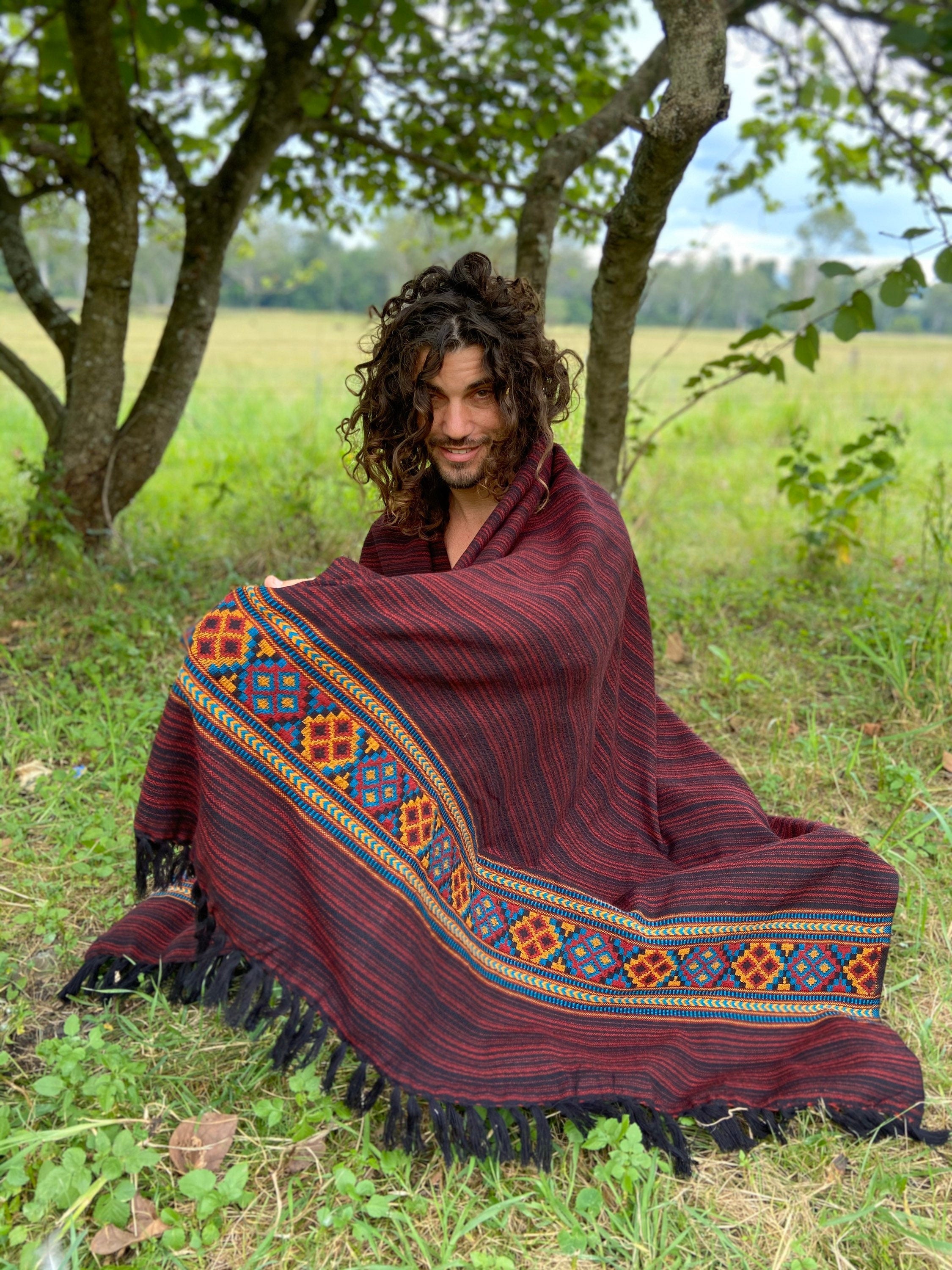 JHANA Meditation Prayer Shawl Blanket Cosy Red Crimson Cashmere Yak Wool and Acrylic Wool Tibetan Winter Tribal Celtic Embroidery Zen AJJAYA