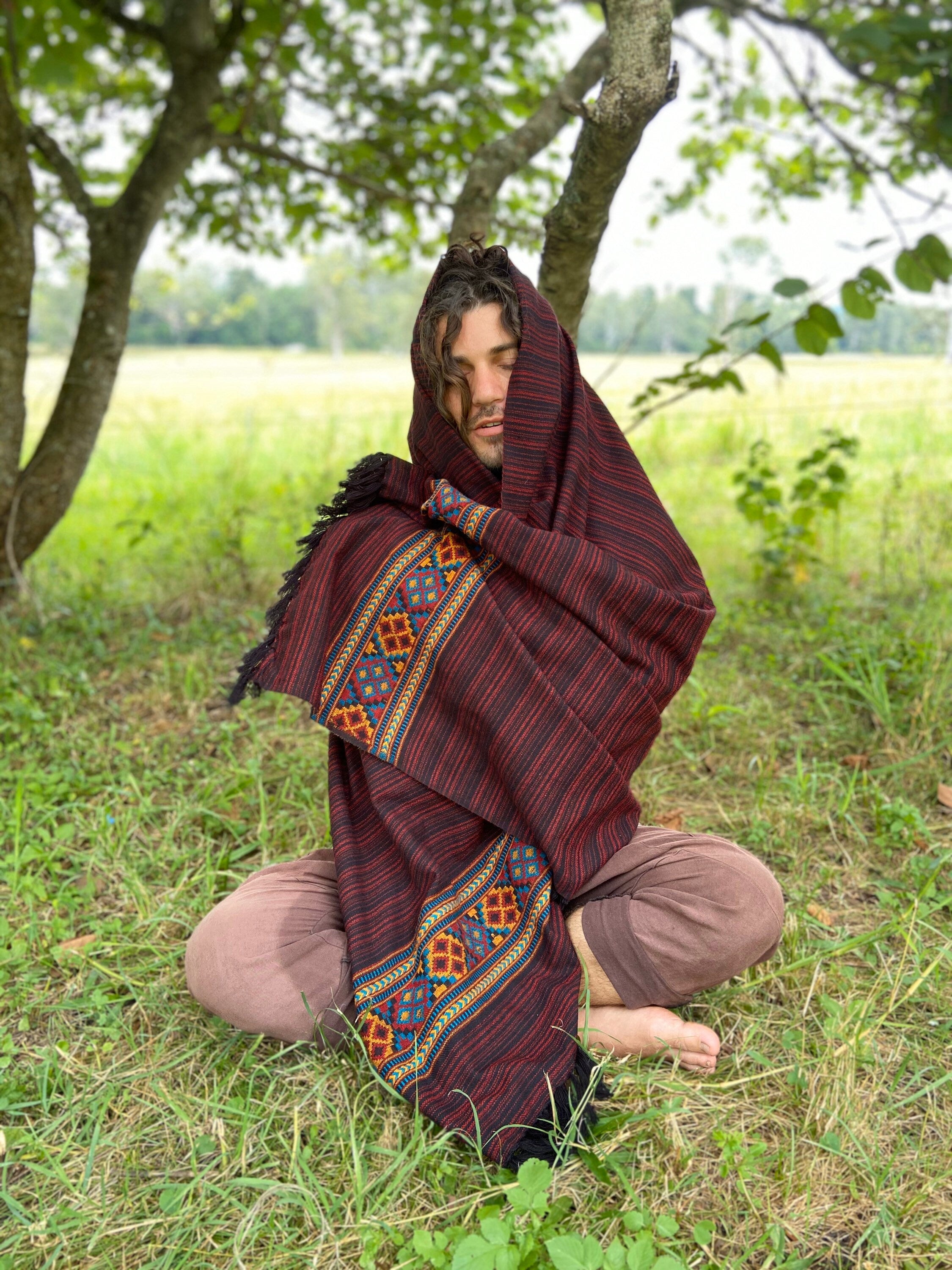 JHANA Meditation Prayer Shawl Blanket Cosy Red Crimson Cashmere Yak Wool and Acrylic Wool Tibetan Winter Tribal Celtic Embroidery Zen AJJAYA