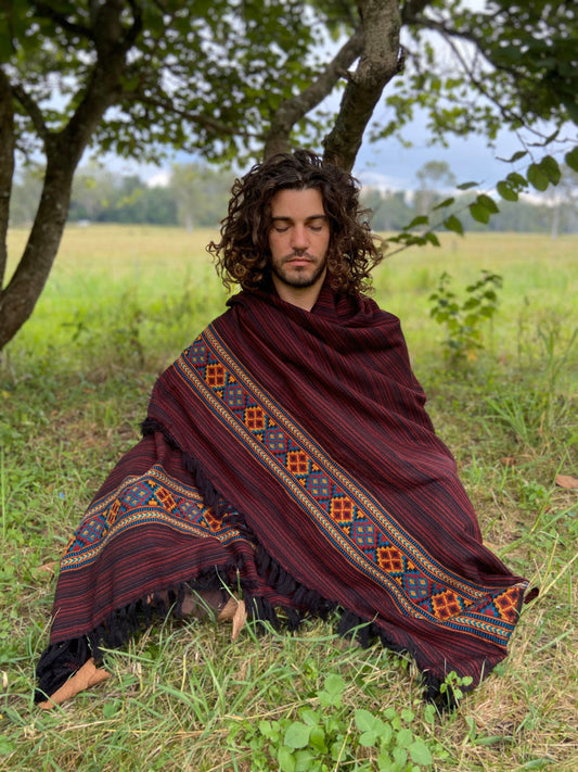 JHANA Meditation Prayer Shawl Blanket Cosy Red Crimson Cashmere Yak Wool and Acrylic Wool Tibetan Winter Tribal Celtic Embroidery Zen AJJAYA