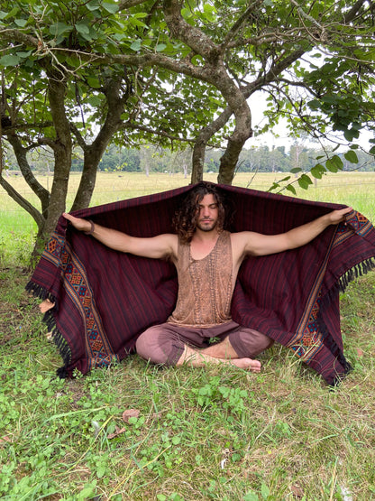 JHANA Meditation Prayer Shawl Blanket Cosy Red Crimson Cashmere Yak Wool and Acrylic Wool Tibetan Winter Tribal Celtic Embroidery Zen AJJAYA