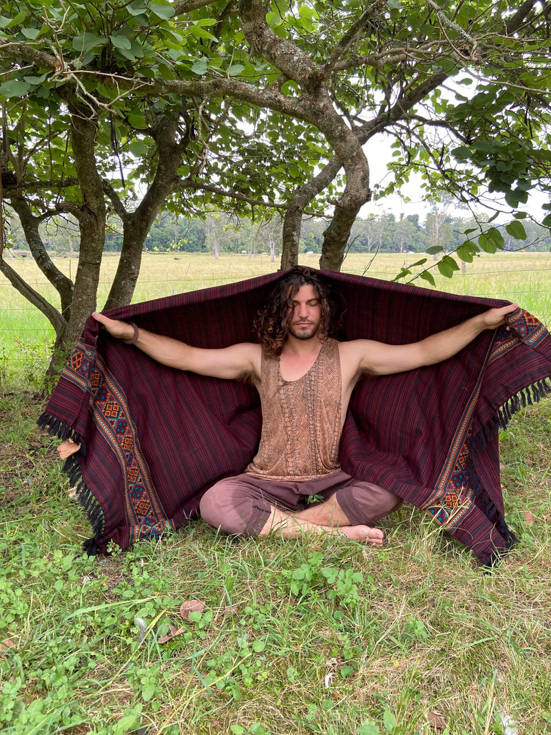 JHANA Meditation Prayer Shawl Blanket Cosy Red Crimson Cashmere Yak Wool and Acrylic Wool Tibetan Winter Tribal Celtic Embroidery Zen AJJAYA