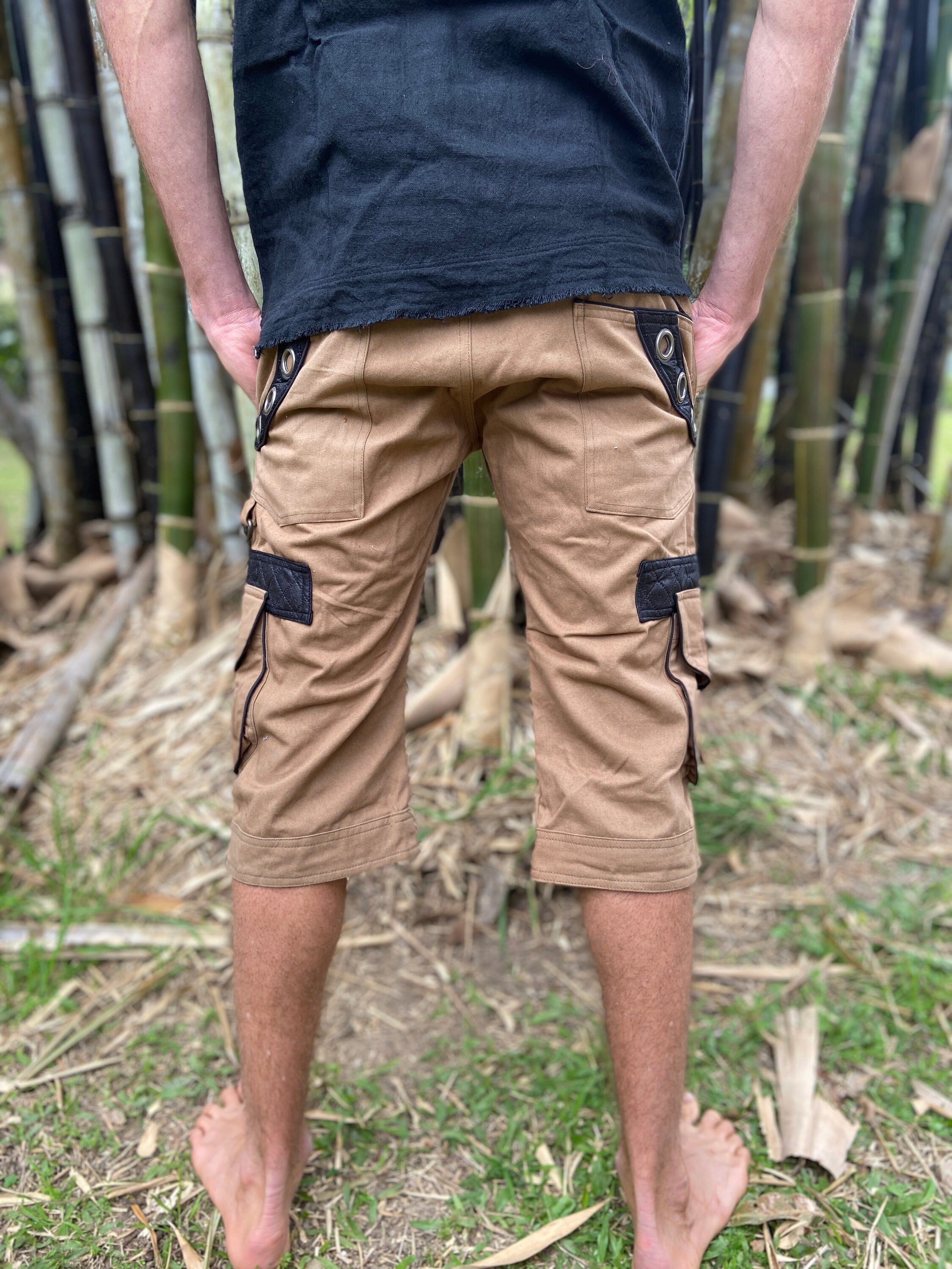 DAKRU Brown Cargo Mens Pants Shorts Knee High Tactical Functional Many Pockets Festival Tribal Nomadic Rave Steampunk Short Trousers AJJAYA
