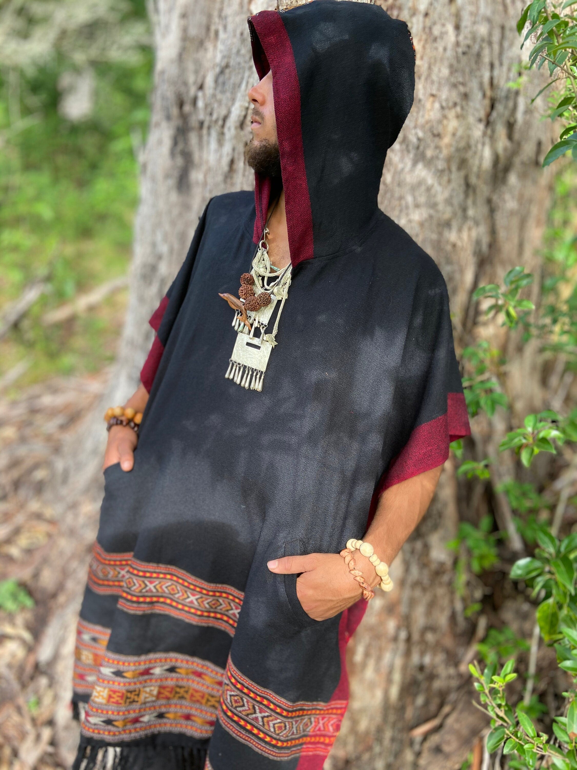 SAMADHI Mens Hooded Poncho Long Black YAK Wool and Acrylic Wool Blend with Tribal Embroidery Large Hood Pockets Primitive Mexican AJJAYA