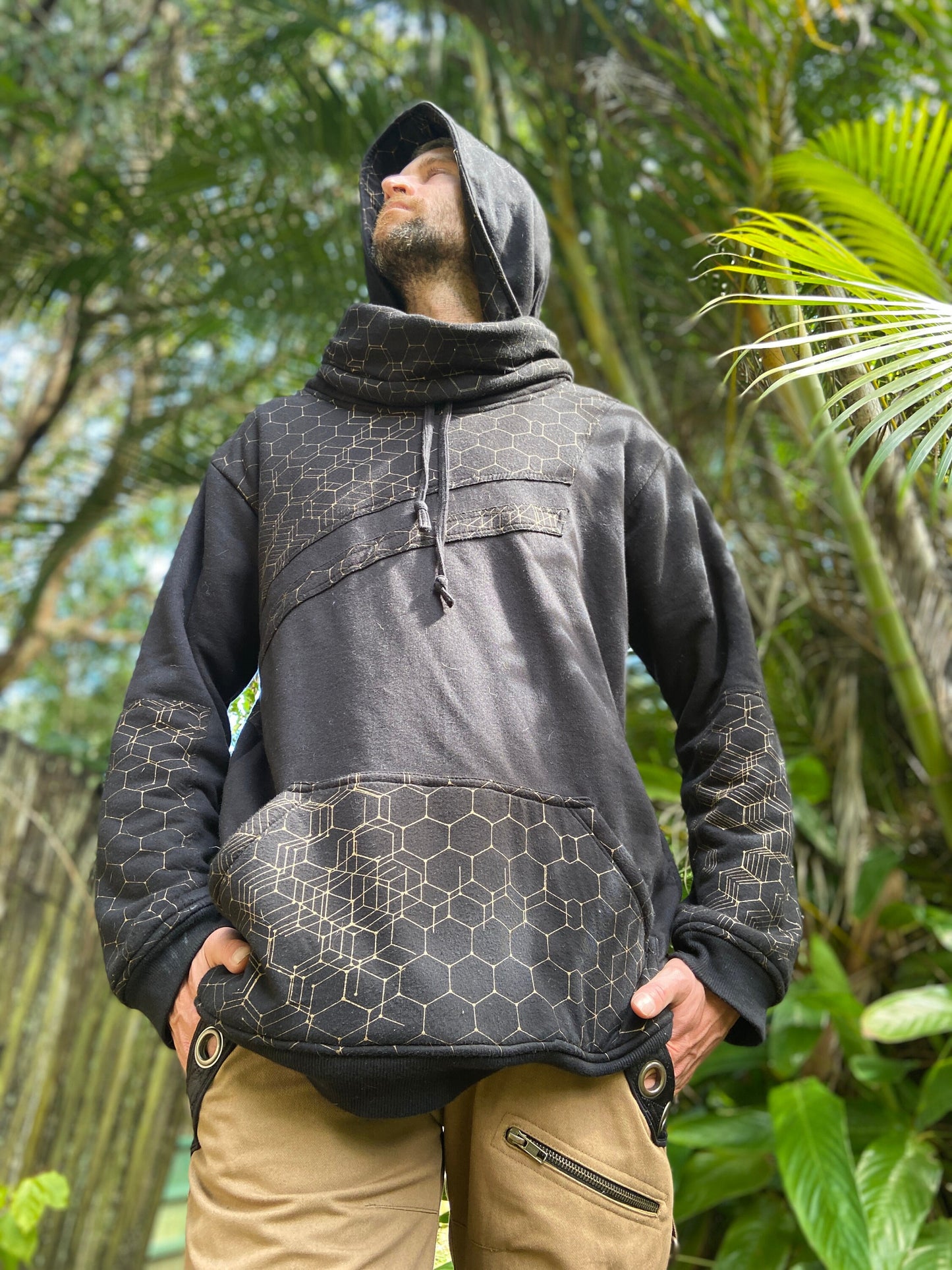 HEXA Thick Hooded Fleece Warm Turtle Neck Jumper Pullover Black Hexagon Geometric Patterns Pockets Thumb Gloves Festival Tribal Gypsy AJJAYA