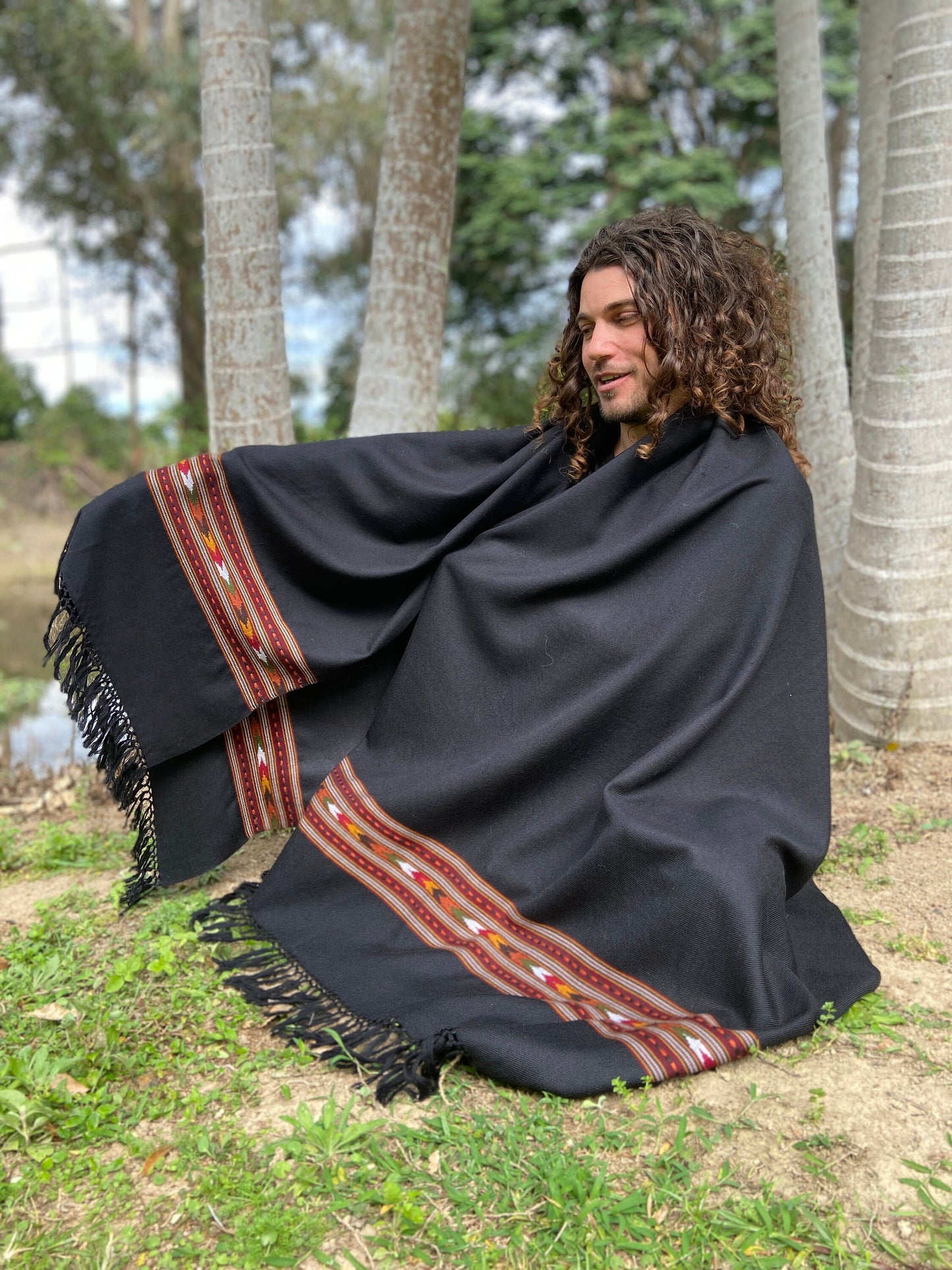 BHAVA Shawl Black Handwoven Wool Meditation Prayer Scarf Blanket Premium Pure Cashmere Tibetan Winter Tribal Zen Embroidery Boho AJJAYA