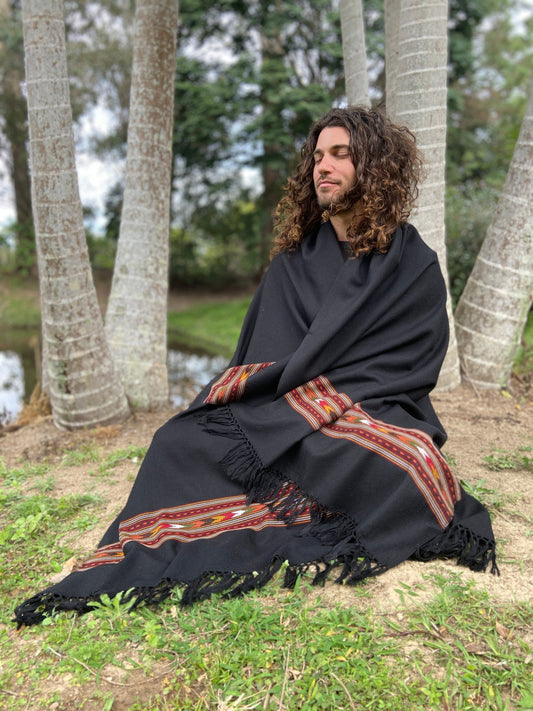BHAVA Shawl Black Handwoven Wool Meditation Prayer Scarf Blanket Premium Pure Cashmere Tibetan Winter Tribal Zen Embroidery Boho AJJAYA