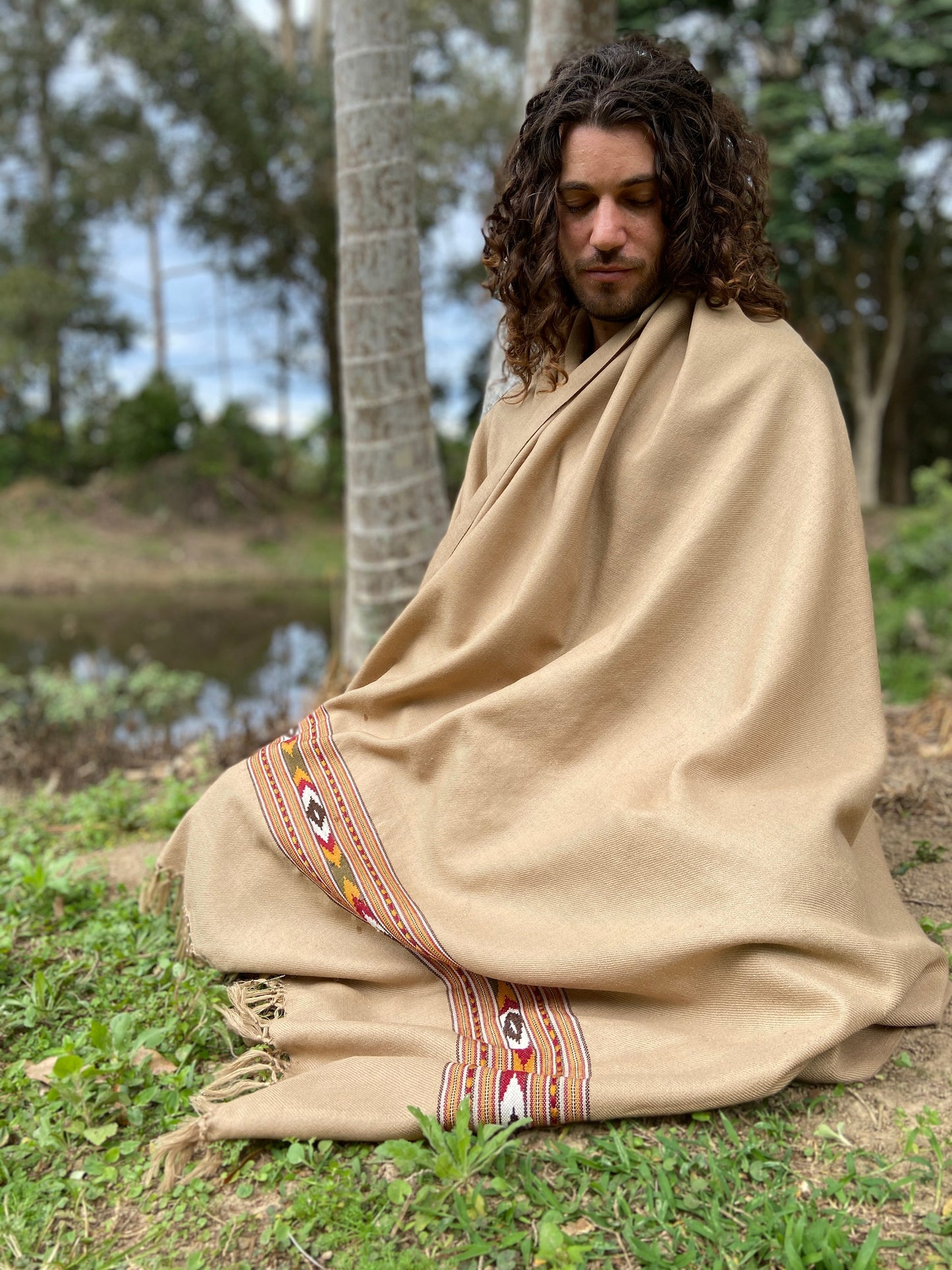 BHAVA Shawl Light Brown Handwoven Wool Meditation Prayer Scarf Blanket Premium Pure Cashmere Tibetan Winter Zen Embroidery Boho AJJAYA