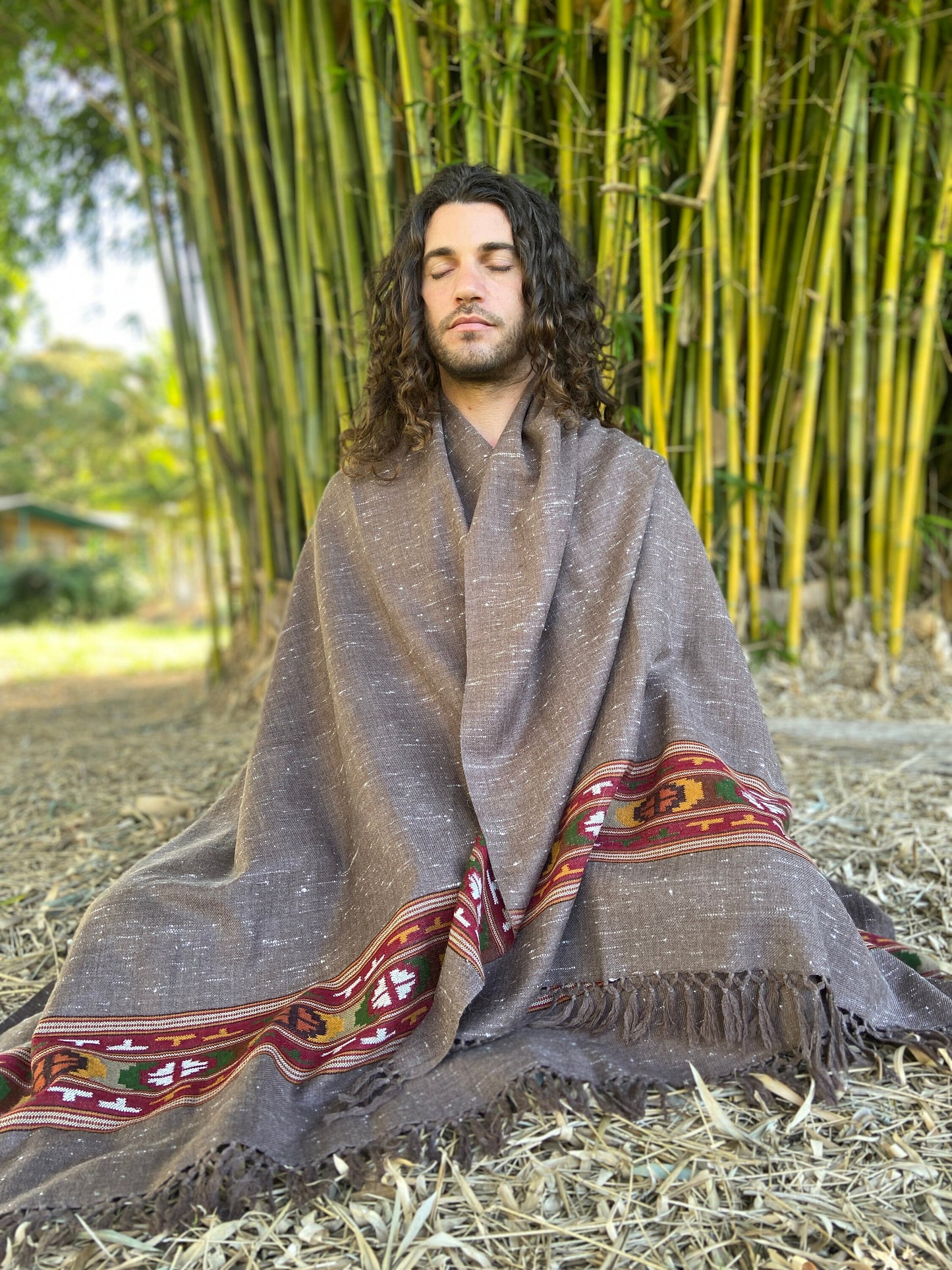 SATI Shawl Grey Handwoven Wool Meditation Prayer Scarf Blanket Premium Pure Cashmere Winter Tribal Zen Embroidery Boho Handmade AJJAYA