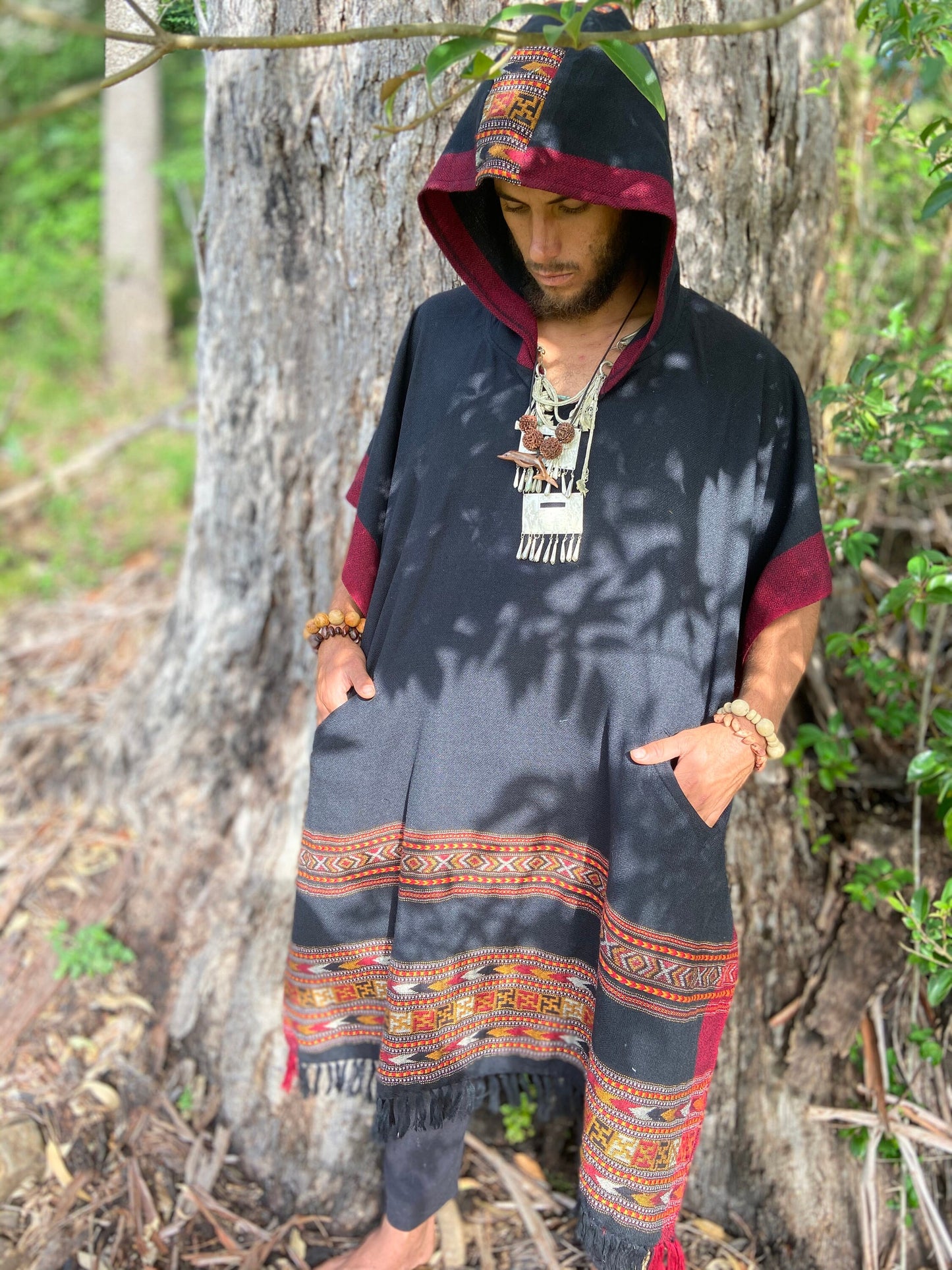 SAMADHI Mens Hooded Poncho Long Black YAK Wool and Acrylic Wool Blend with Tribal Embroidery Large Hood Pockets Primitive Mexican AJJAYA