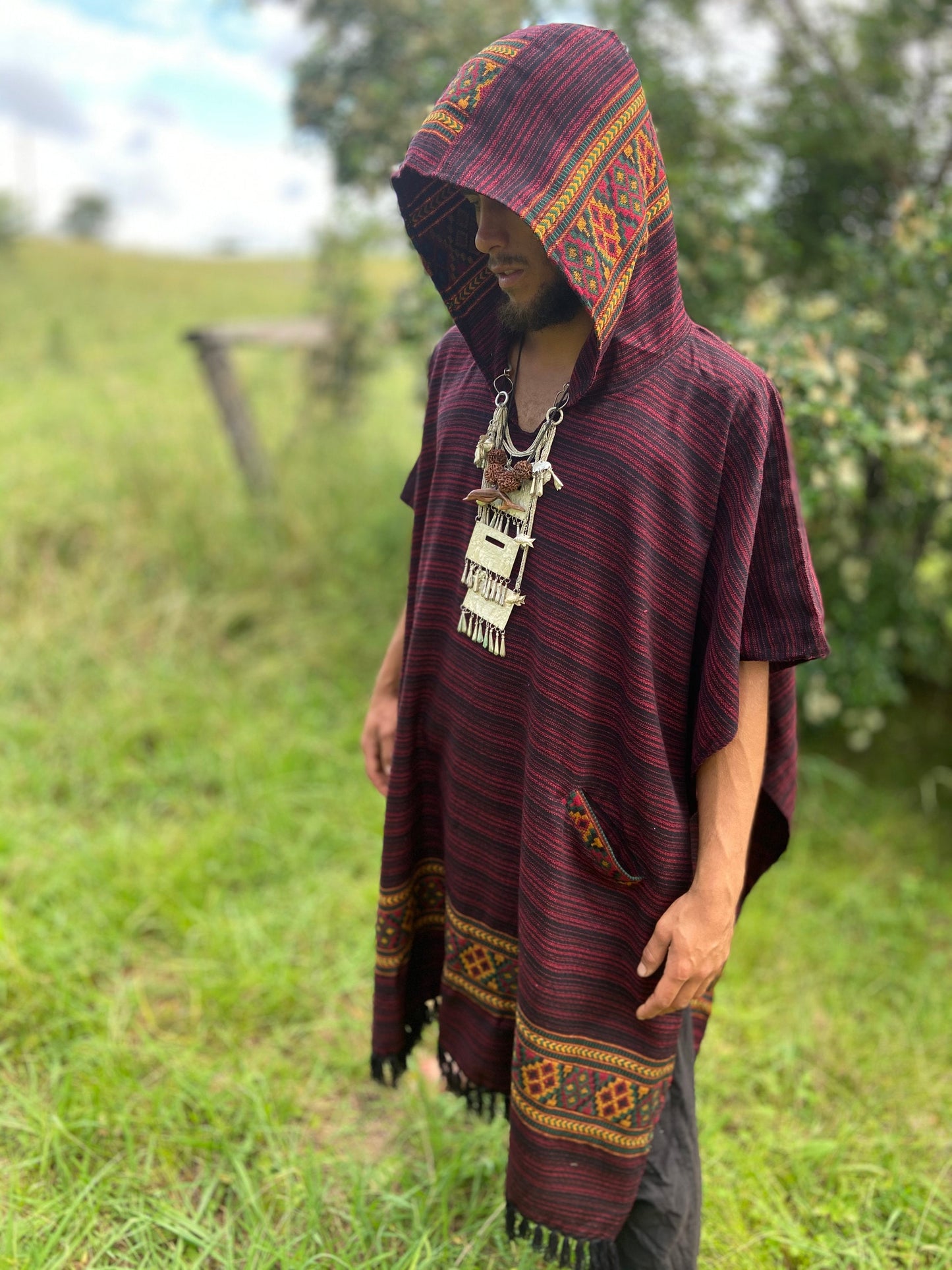 JHANA Mens Hooded Poncho Long Red Crimson YAK and Acrylic Wool with Tribal Embroidery, Hood, Pockets, Hippie, Primitive Mexican, AJJAYA