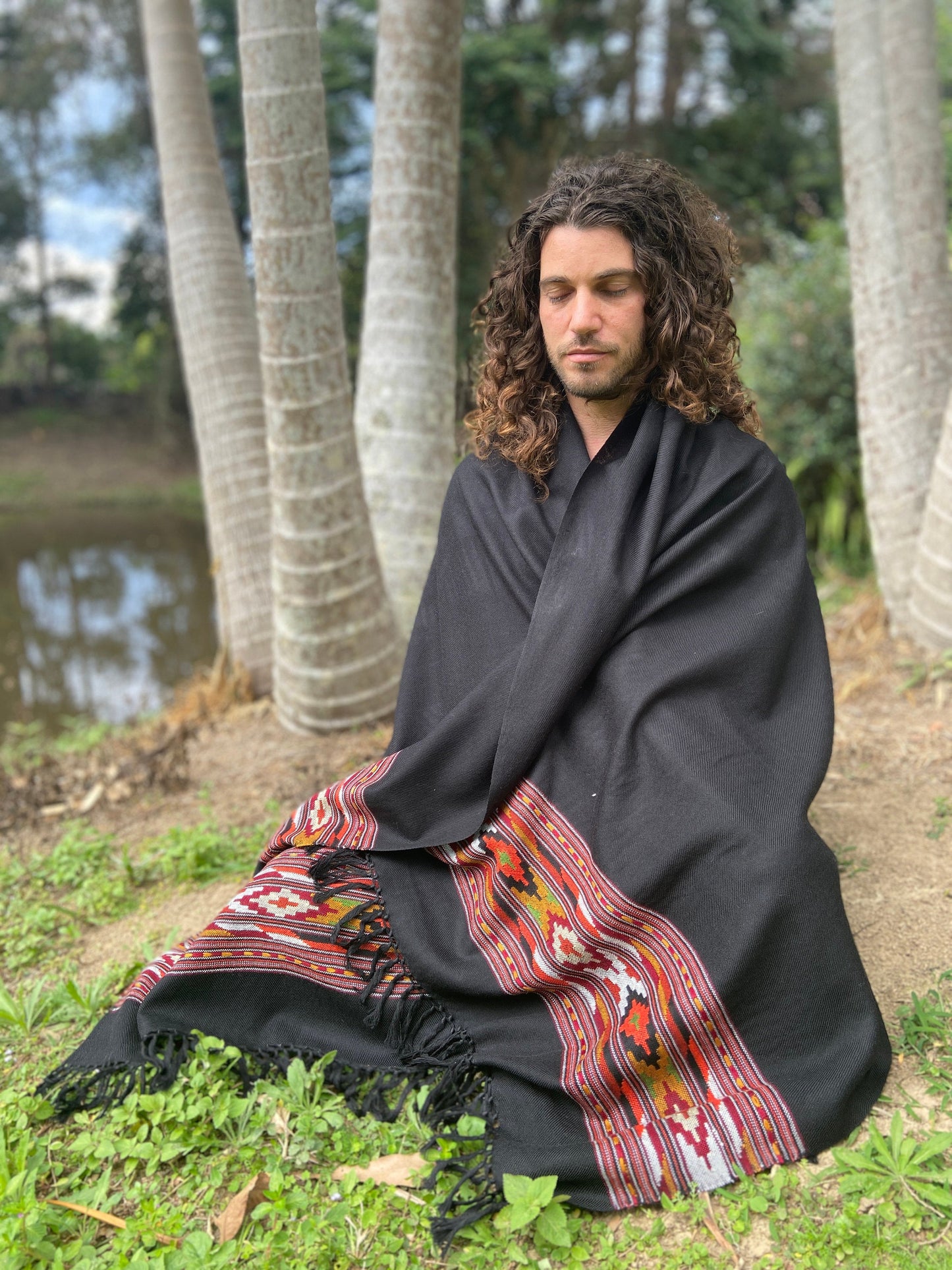 Chal KARUNA medianoche negro tejido a mano lana meditación oración bufanda manta Premium Cachemira pura invierno Tribal Zen bordado Boho AJJAYA