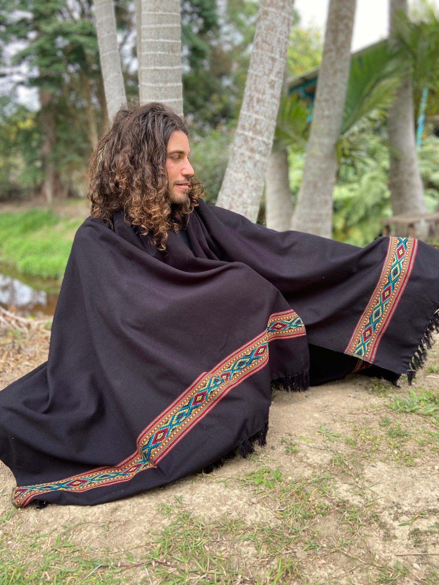 UPEKKHA Shawl Midnight Black Handwoven Cashmere and Acrylic Wool Meditation Prayer Scarf Wrap Blanket Cashmere Zen Embroidery Boho AJJAYA