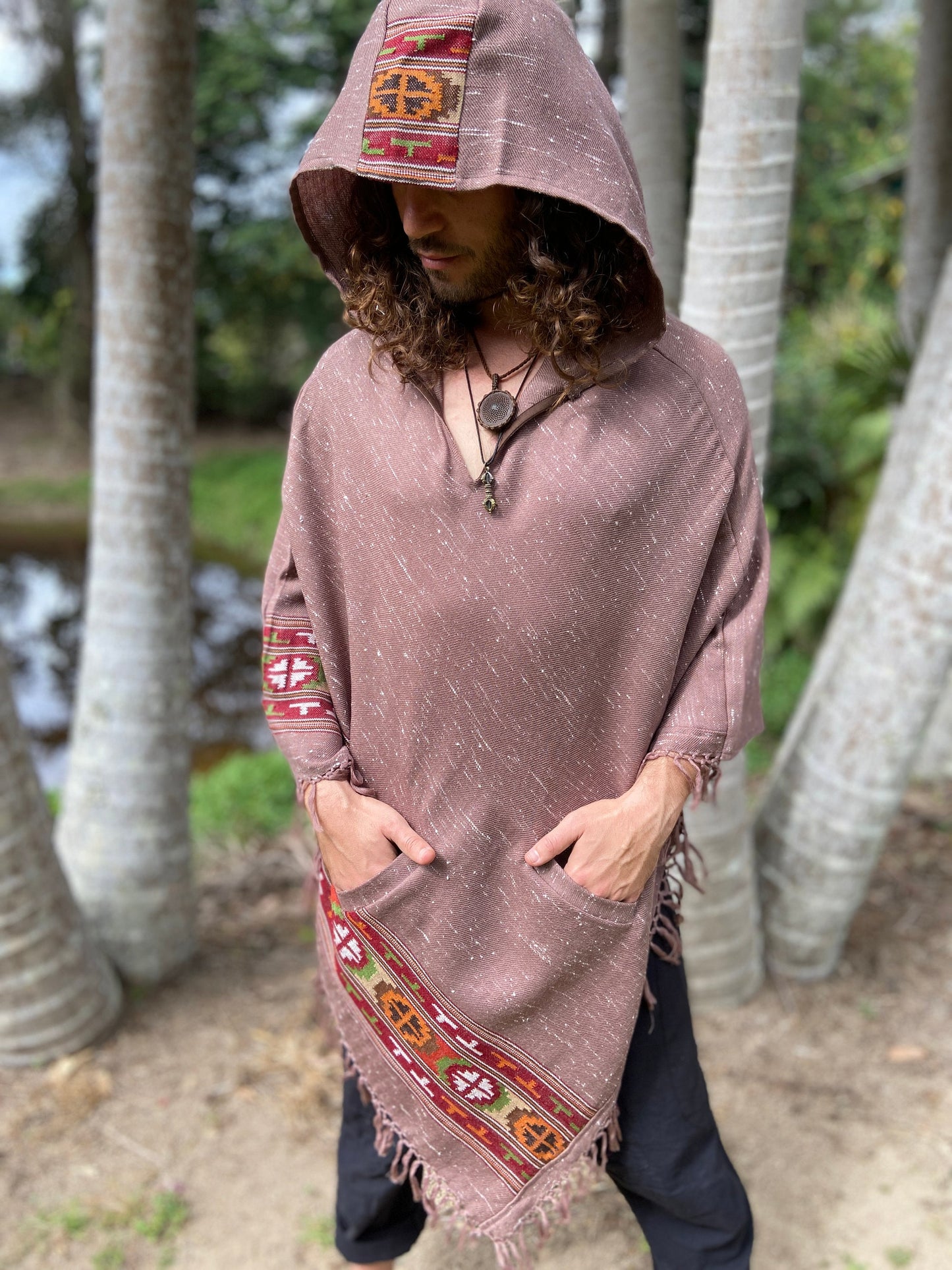 VIRIYA Hooded Poncho Salomon Pink Handwoven Wool Premium Pure Cashmere Hood Zen Embroidery Boho Gypsy Festival Mexican Aztec Celtic AJJAYA