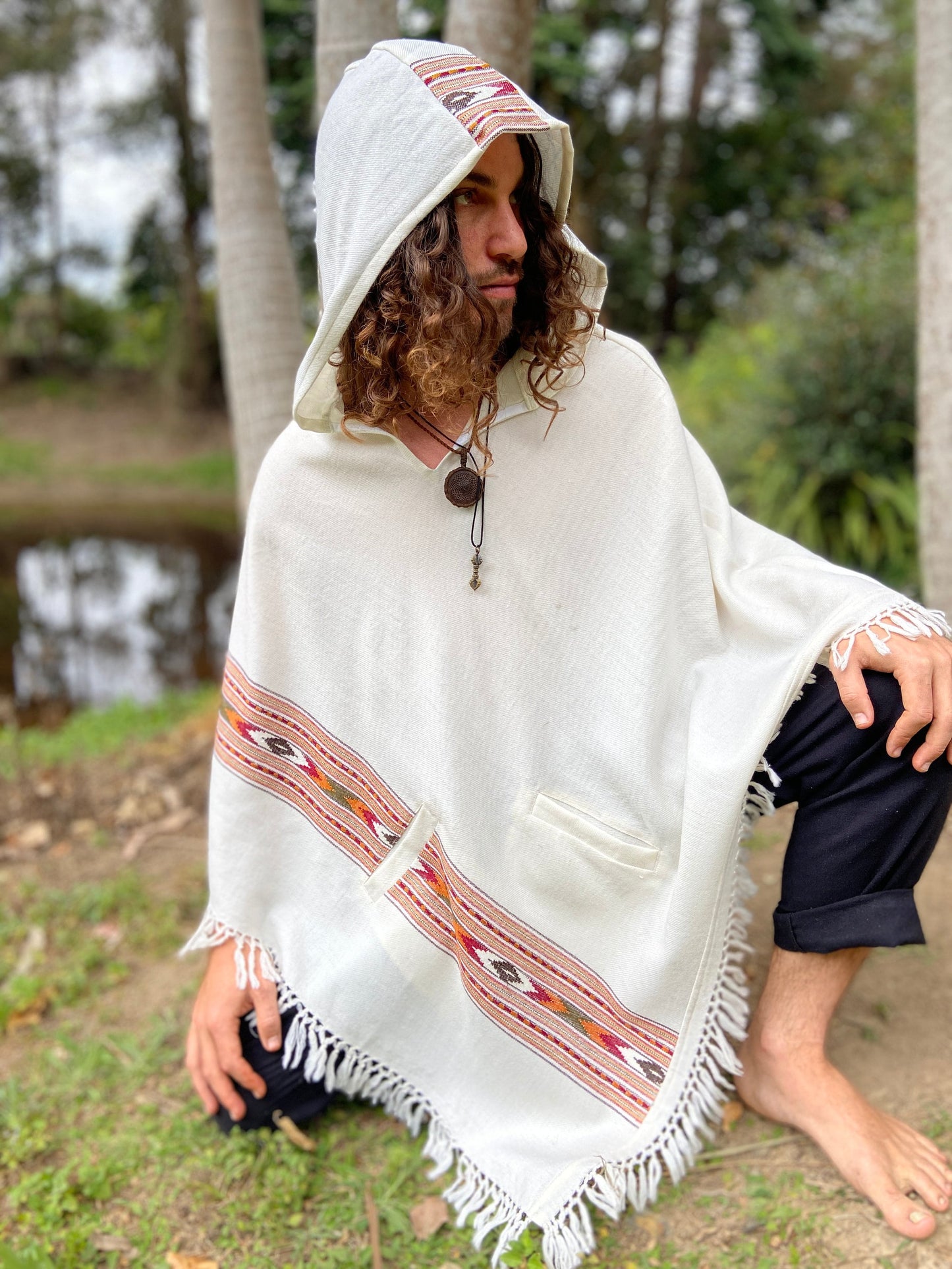 BHAVA Hooded Poncho White Handwoven Wool Premium Pure Cashmere Hood Pockets Zen Embroidery Boho Gypsy Festival Mexican Aztec Celtic AJJAYA