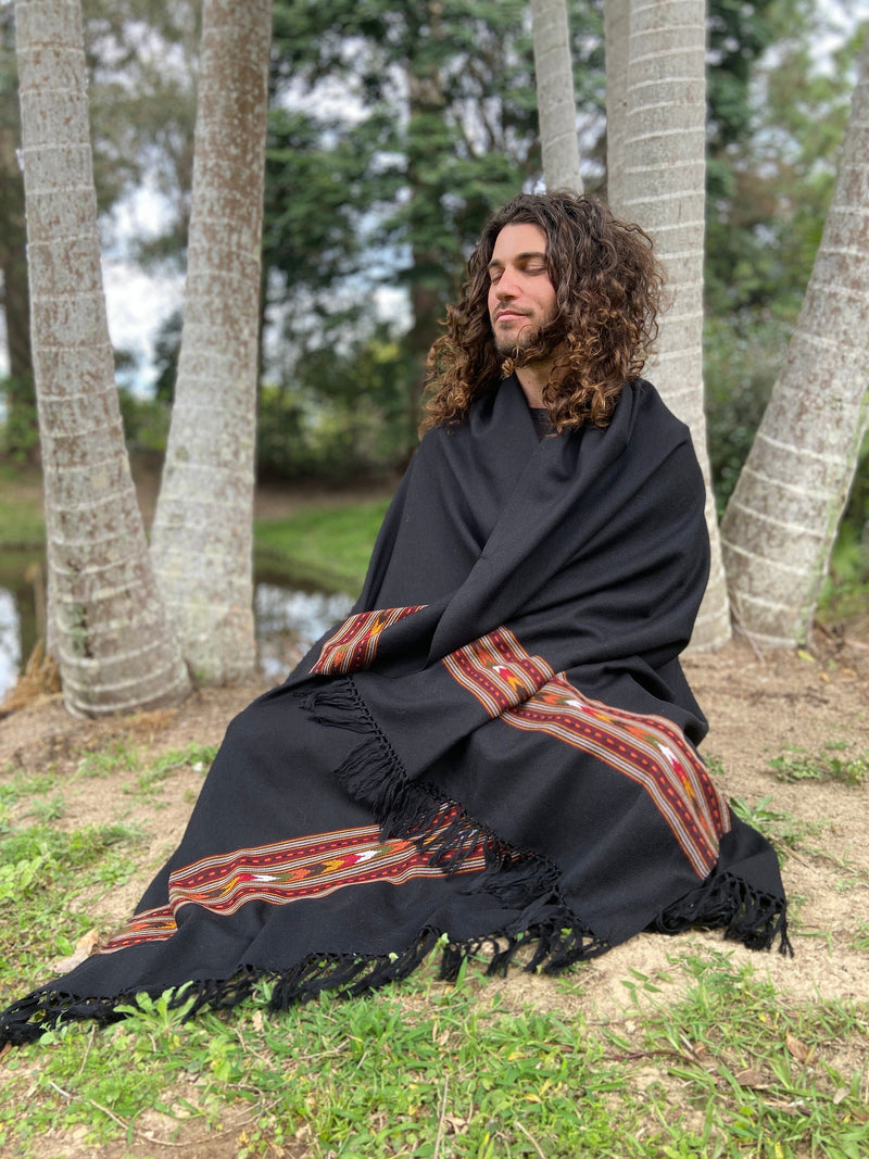 BHAVA Shawl Black Handwoven Wool Meditation Prayer Scarf Blanket Premium Pure Cashmere Tibetan Winter Tribal Zen Embroidery Boho AJJAYA