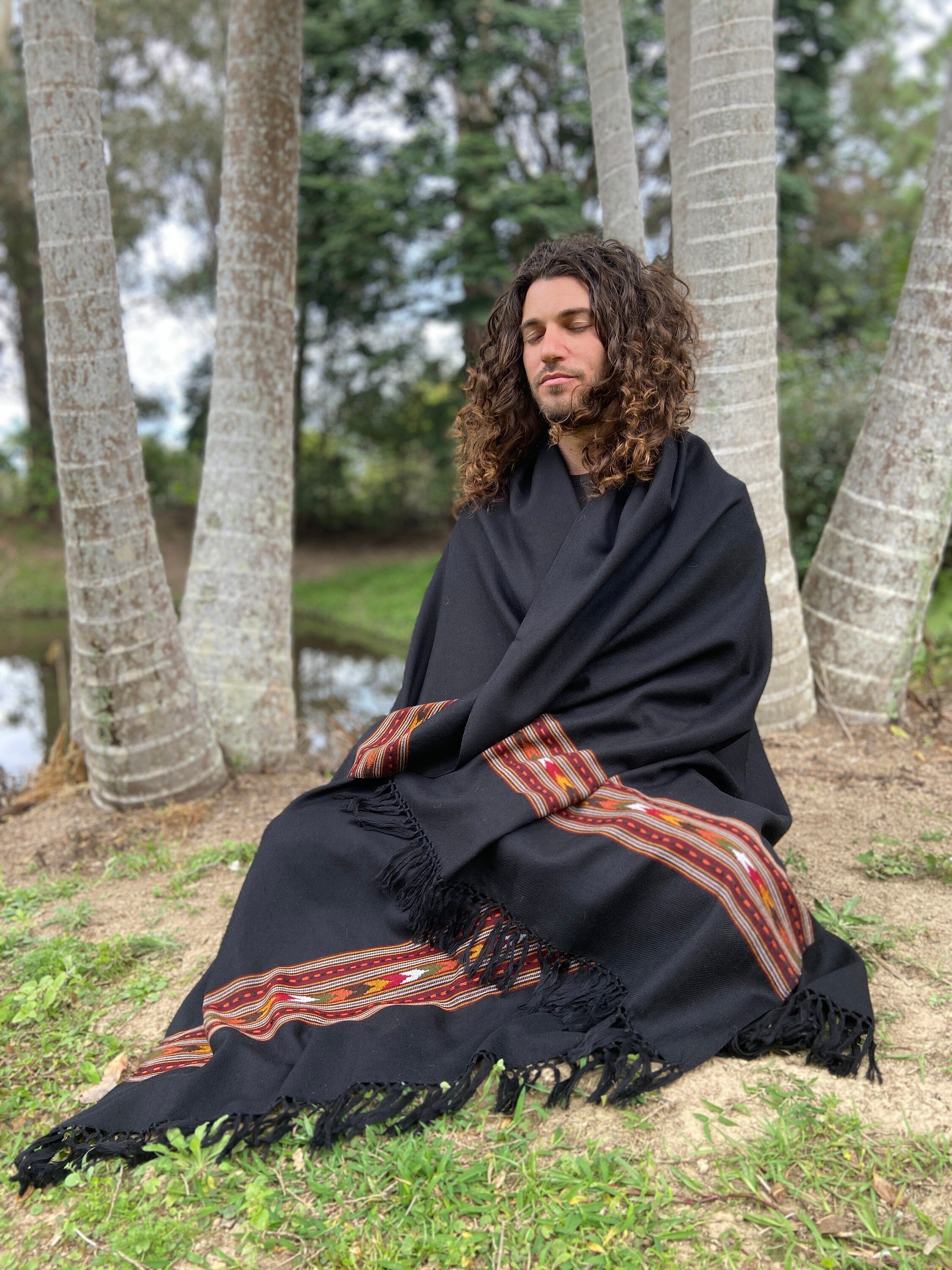 BHAVA Shawl Black Handwoven Wool Meditation Prayer Scarf Blanket Premium Pure Cashmere Tibetan Winter Tribal Zen Embroidery Boho AJJAYA
