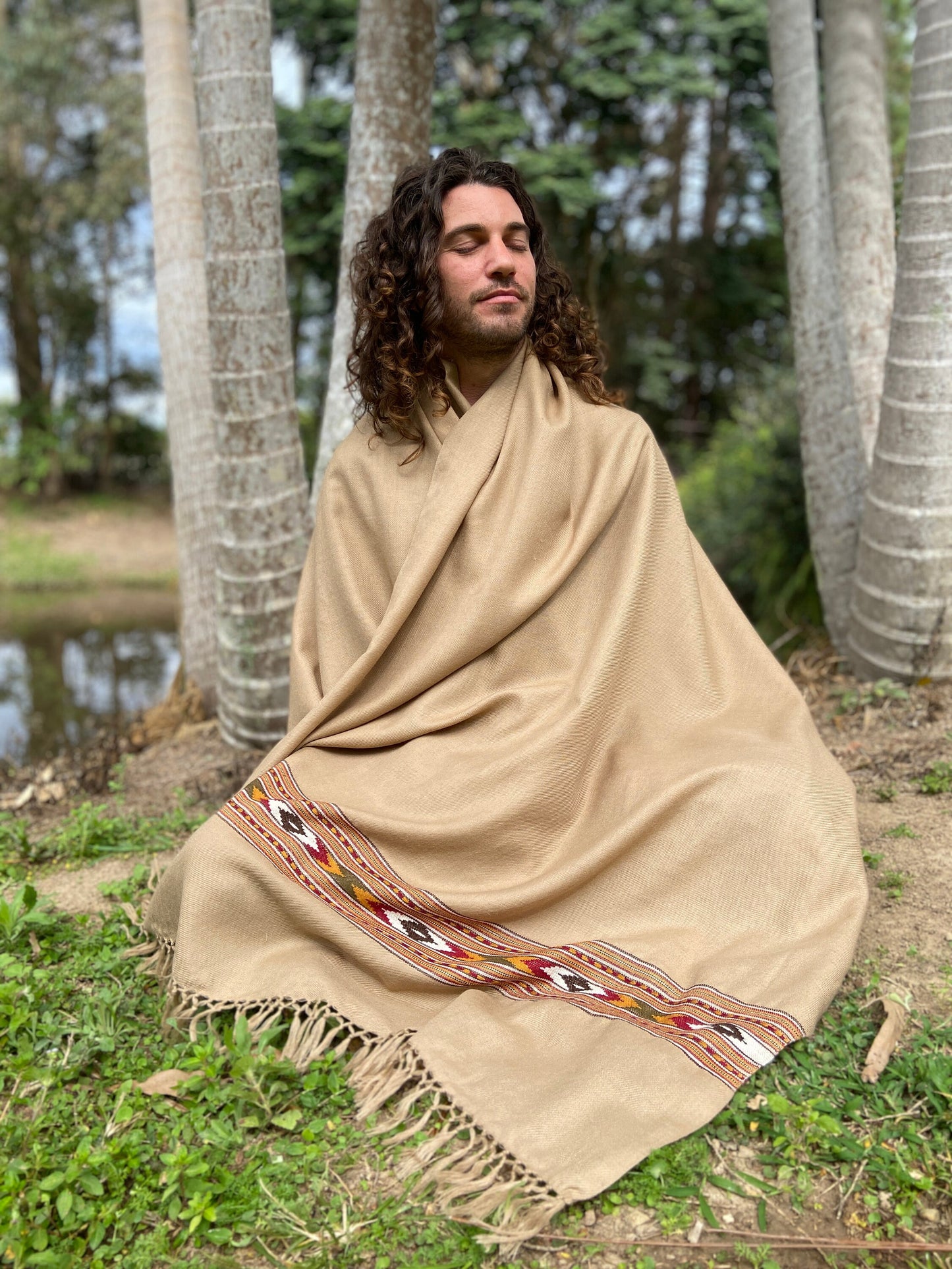 BHAVA Shawl Light Brown Handwoven Wool Meditation Prayer Scarf Blanket Premium Pure Cashmere Tibetan Winter Zen Embroidery Boho AJJAYA