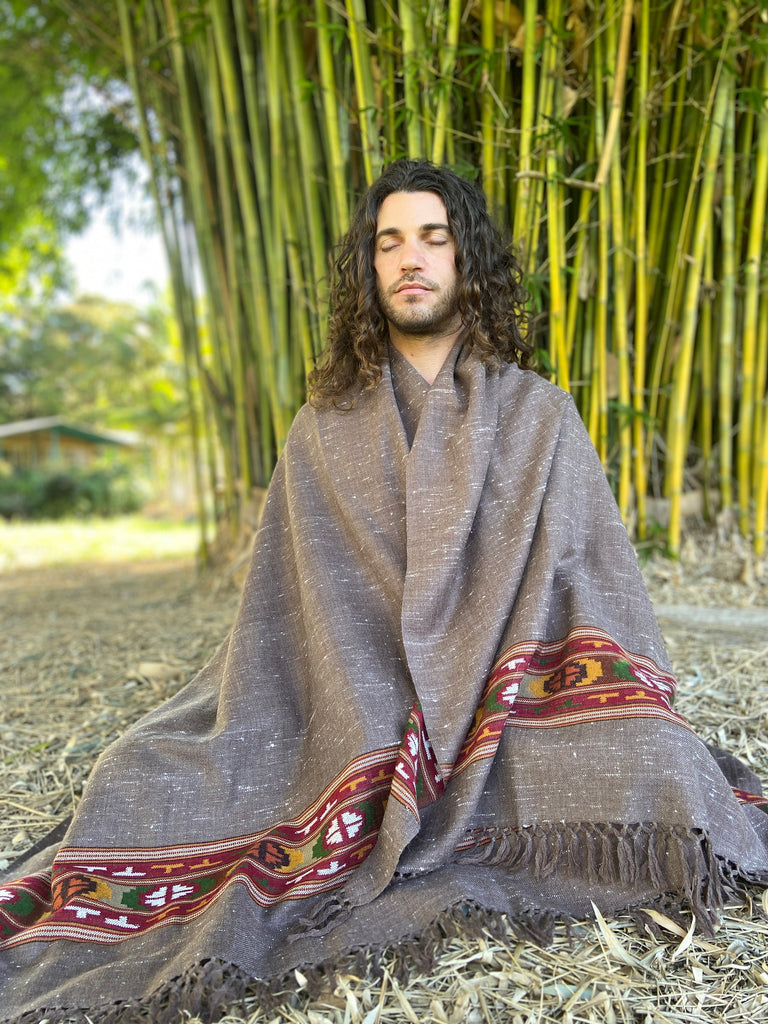 BHAVA Shawl Black Handwoven Wool Meditation Prayer Scarf Blanket Premium Pure Cashmere Tibetan Winter Tribal Zen Embroidery Boho AJJAYA