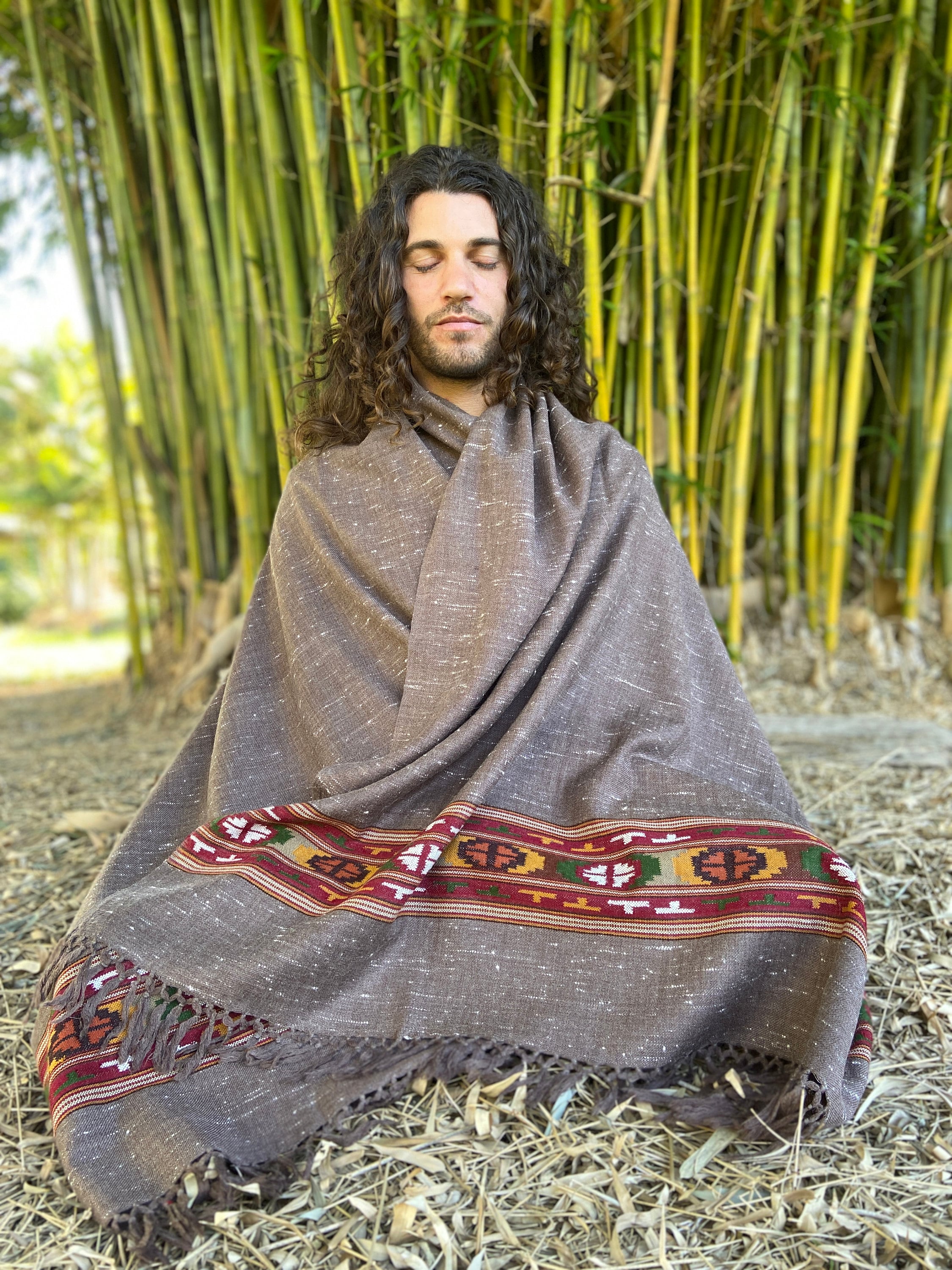 SATI Shawl Grey Handwoven Wool Meditation Prayer Scarf Blanket Premium Pure Cashmere Winter Tribal Zen Embroidery Boho Handmade AJJAYA