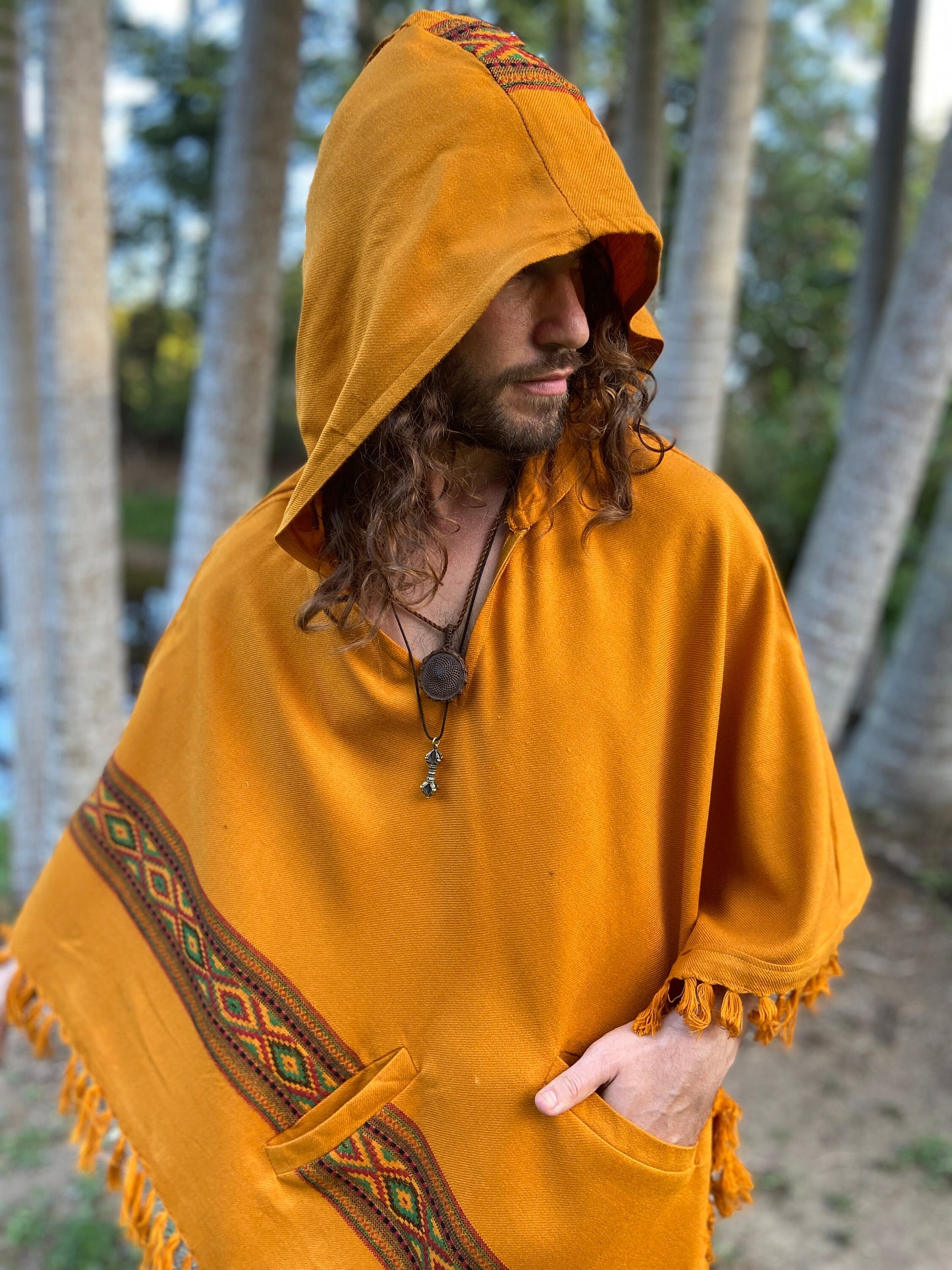 UPEKKHA Hooded Poncho with Hood Turmeric Orange Handwoven Pockets Cashmere and Acrylic Wool Tibetan Zen Embroidery Primitive Mexican AJJAYA