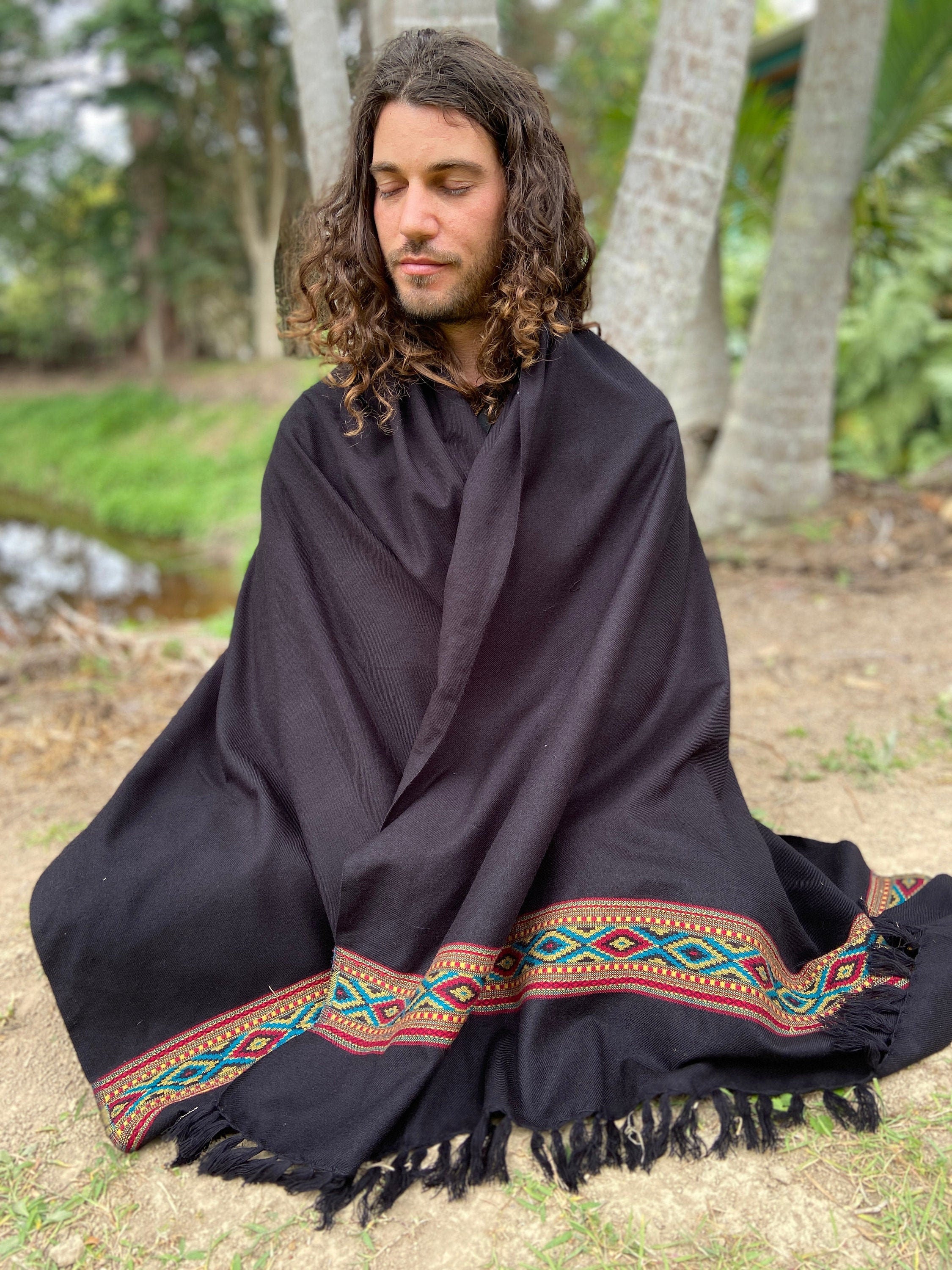 UPEKKHA Shawl Midnight Black Handwoven Cashmere and Acrylic Wool Meditation Prayer Scarf Wrap Blanket Cashmere Zen Embroidery Boho AJJAYA