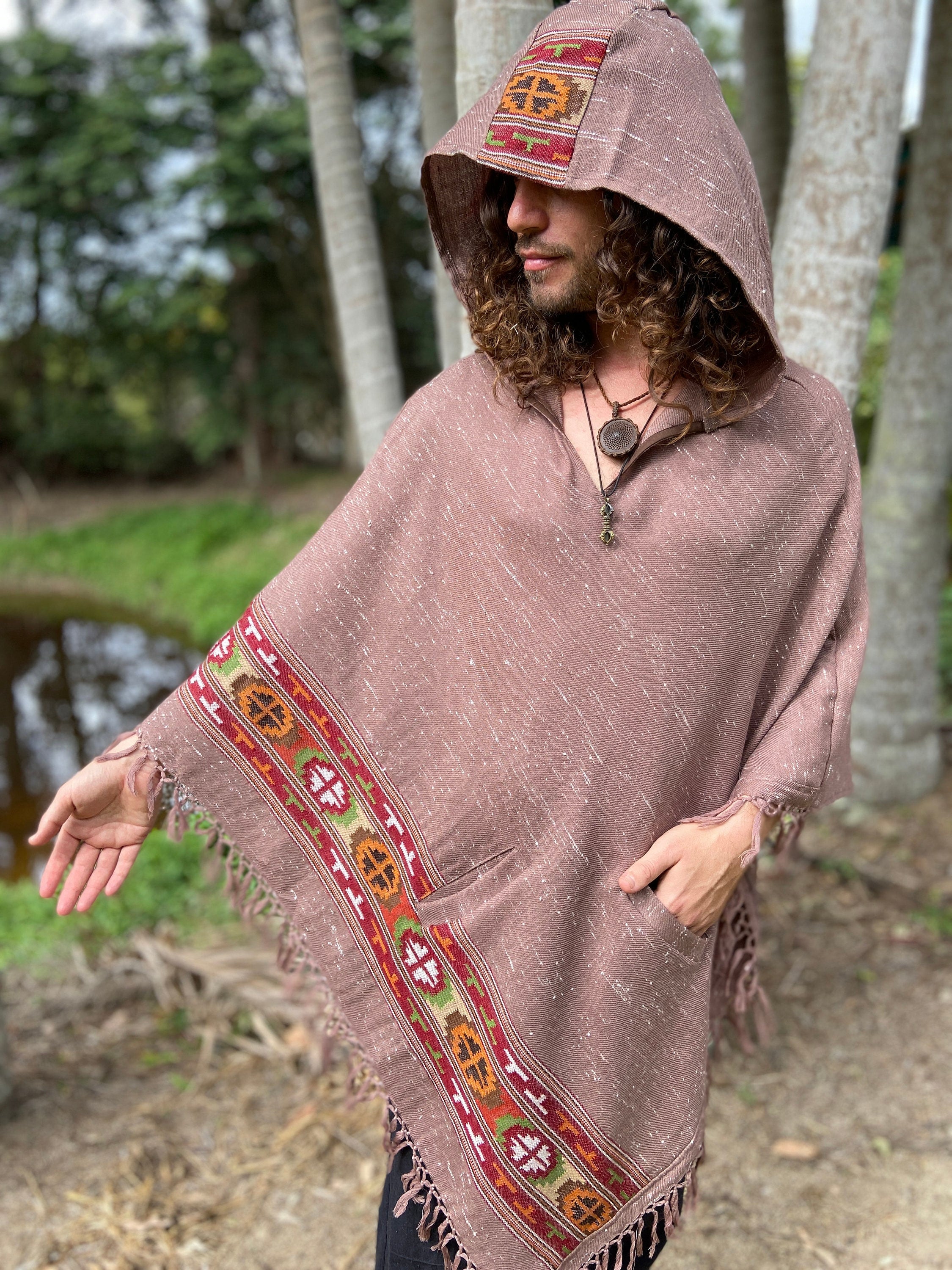 VIRIYA Hooded Poncho Salomon Pink Handwoven Wool Premium Pure Cashmere Hood Zen Embroidery Boho Gypsy Festival Mexican Aztec Celtic AJJAYA