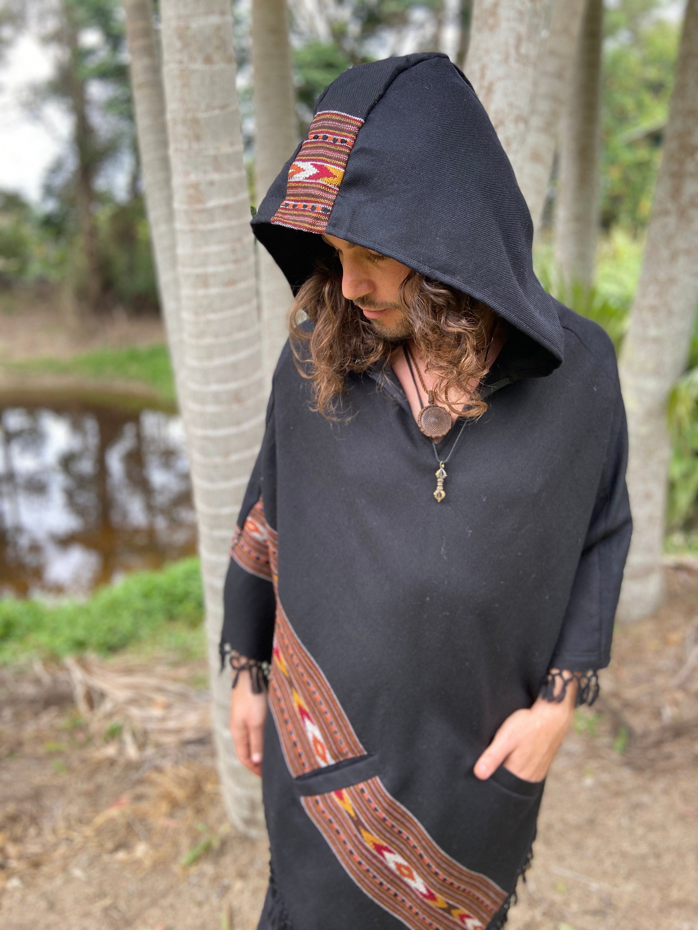 BHAVA Hooded Poncho Black Handwoven Wool Premium Pure Cashmere Hood Pockets Zen Embroidery Boho Gypsy Festival Mexican Aztec Celtic AJJAYA