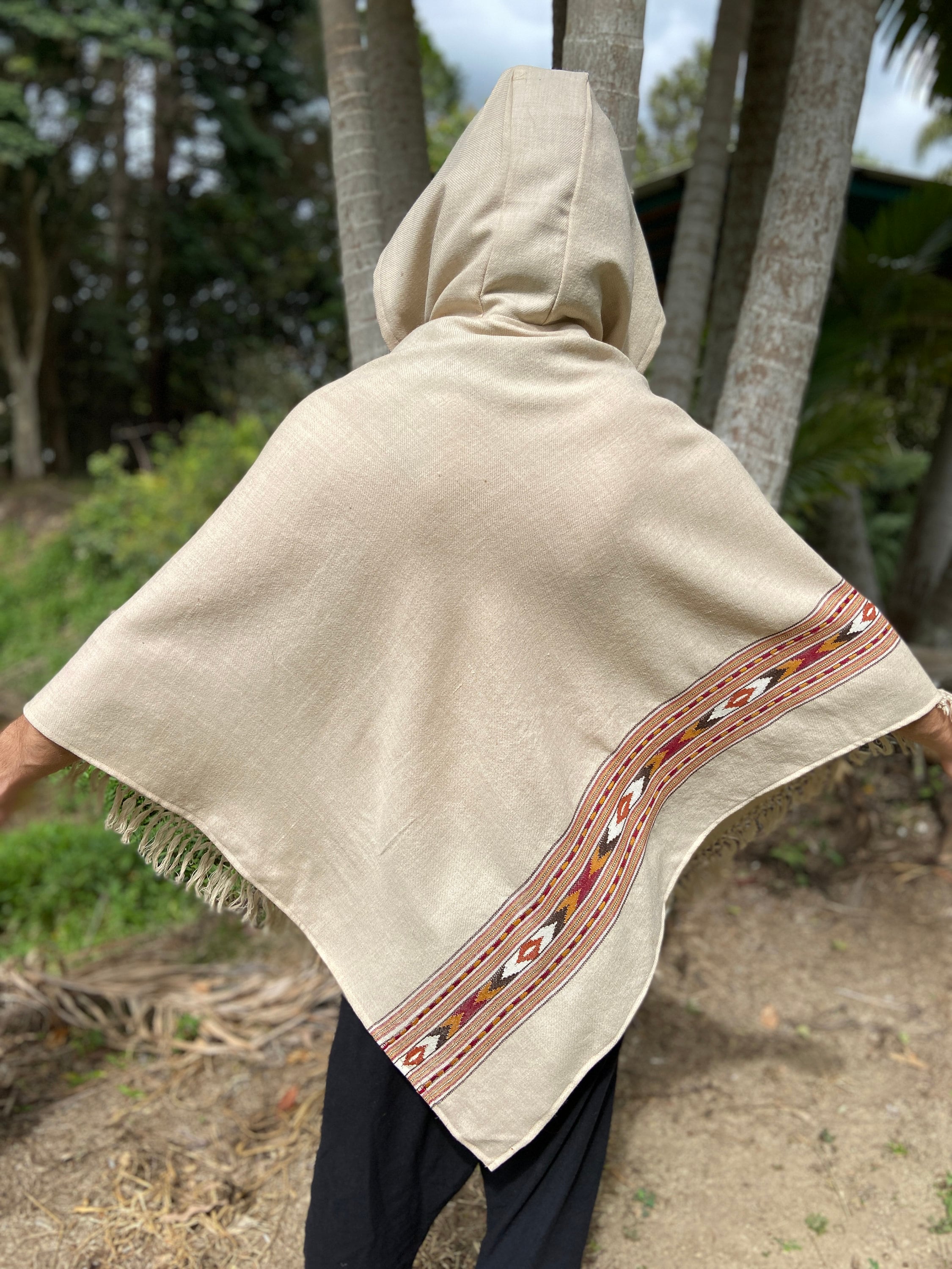 BHAVA Hooded Poncho Cream Beige Handwoven Wool Premium Pure Cashmere Hood Zen Embroidery Boho Gypsy Festival Mexican Aztec Celtic AJJAYA