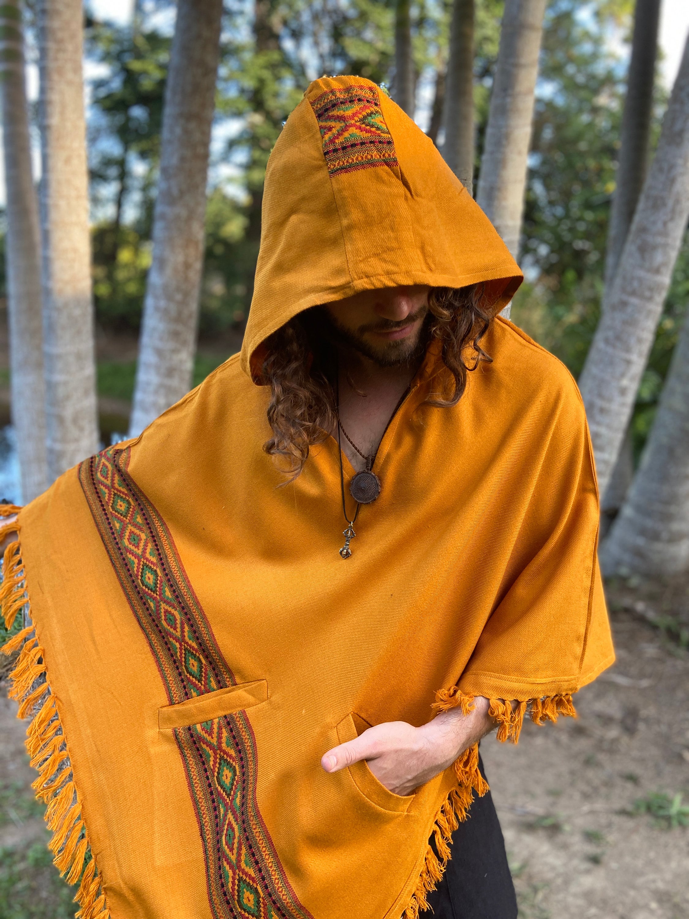 UPEKKHA Hooded Poncho with Hood Turmeric Orange Handwoven Pockets Cashmere and Acrylic Wool Tibetan Zen Embroidery Primitive Mexican AJJAYA