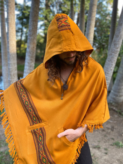 UPEKKHA Hooded Poncho with Hood Turmeric Orange Handwoven Pockets Cashmere and Acrylic Wool Tibetan Zen Embroidery Primitive Mexican AJJAYA