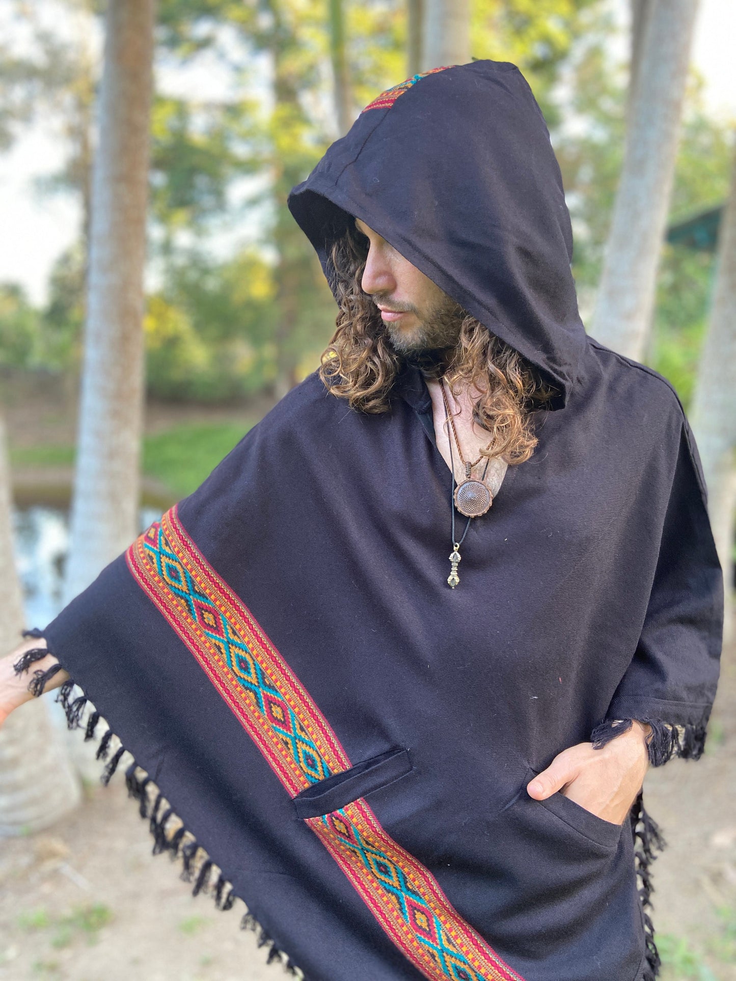 UPEKKHA Hooded Poncho with Hood Black Handwoven Pockets Cashmere and Acrylic Wool Tibetan Winter Zen Embroidery Primitive Mexican AJJAYA